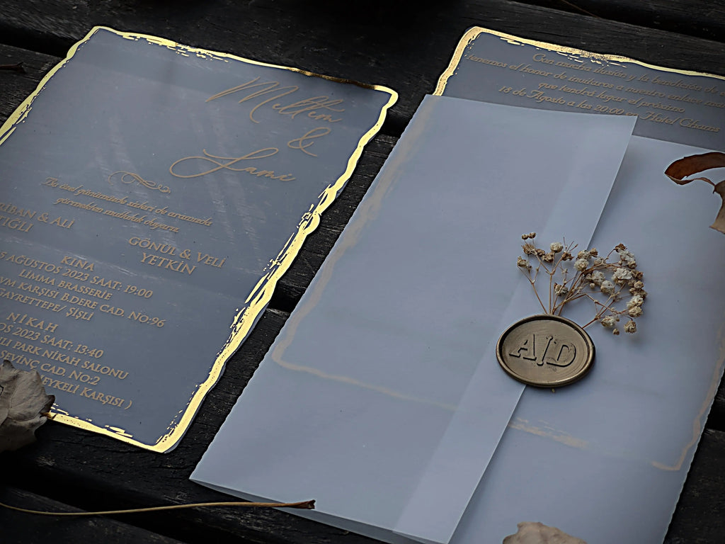 Frosted Acrylic Wedding Invitation with Gold Foil & Vellum Wrap LunaInvites