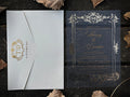 Frosted Acrylic Wedding Invitation with Gold Baroque Design & White Envelope LunaInvites