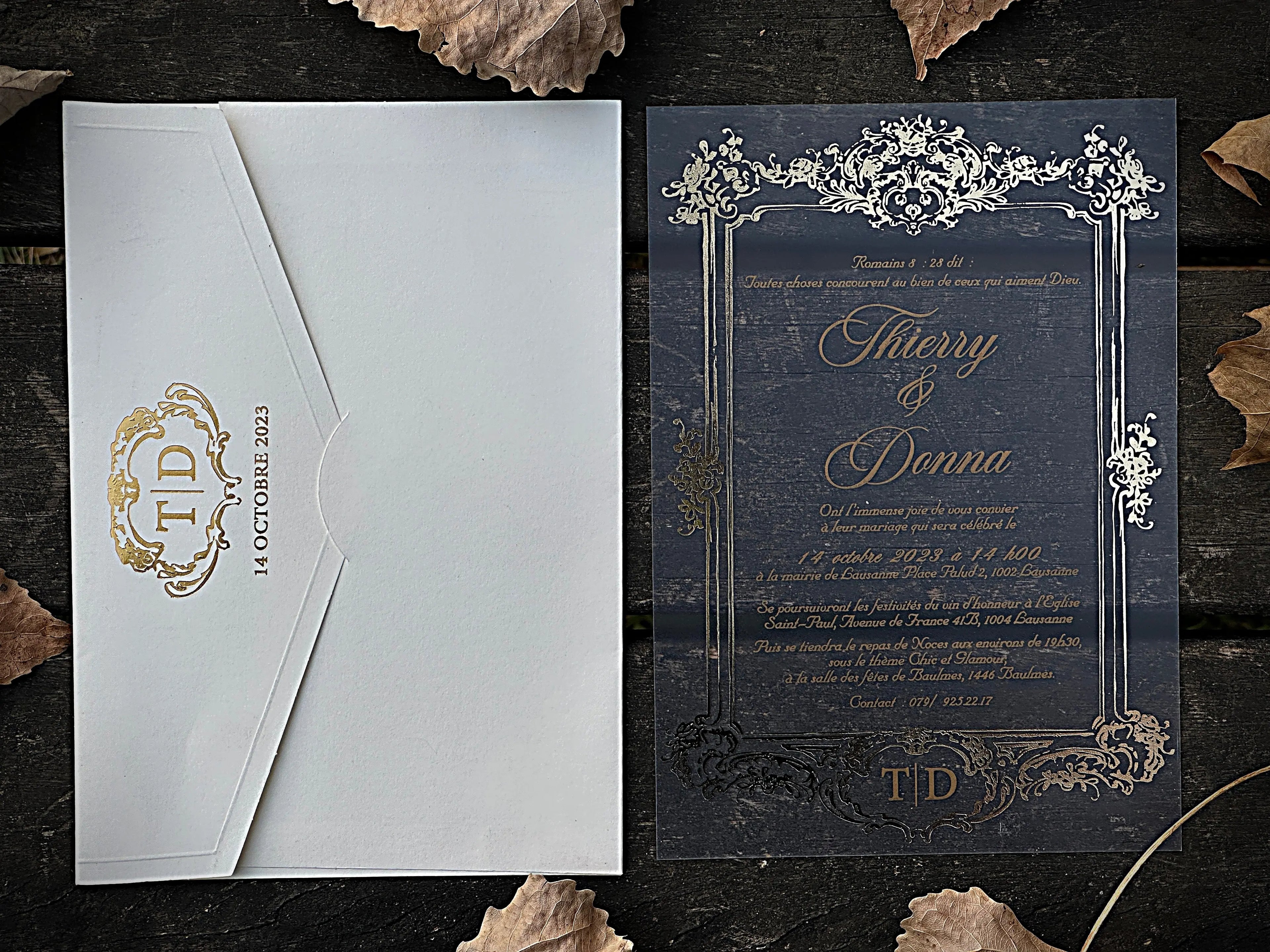 Frosted Acrylic Wedding Invitation with Gold Baroque Design & White Envelope LunaInvites