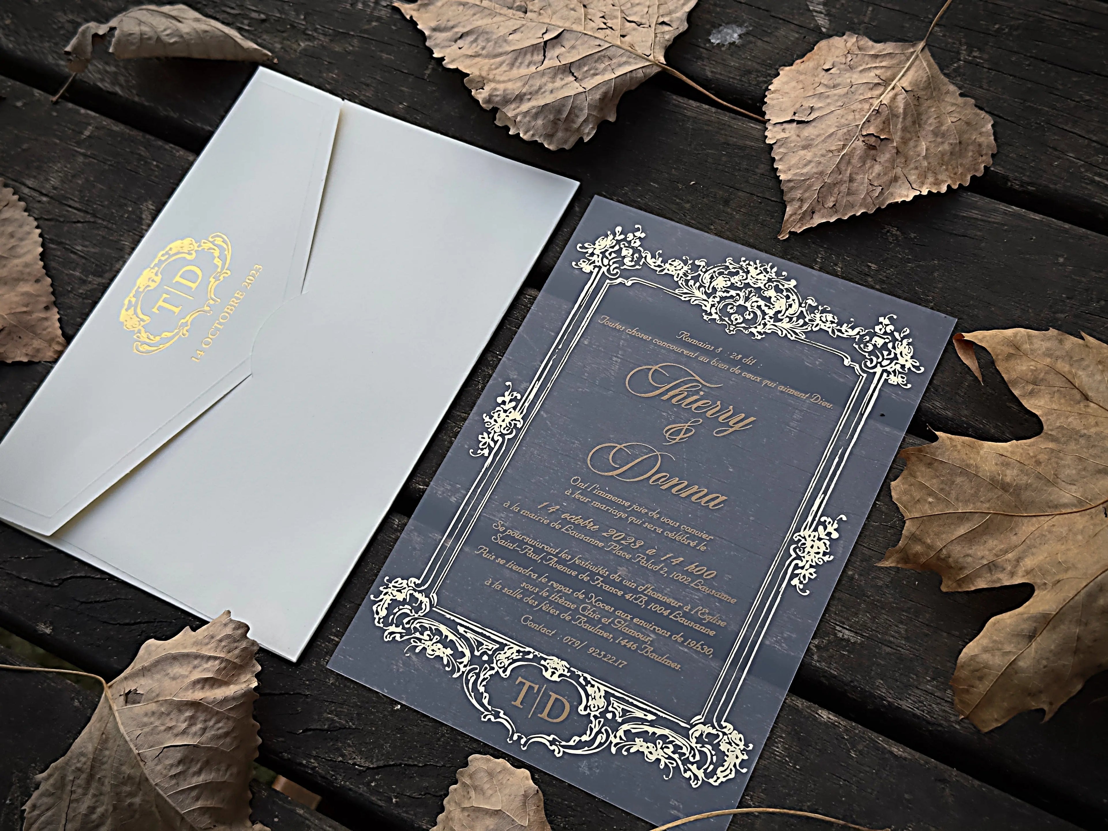 Frosted Acrylic Wedding Invitation with Gold Baroque Design & White Envelope LunaInvites