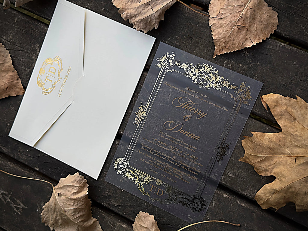 Frosted Acrylic Wedding Invitation with Gold Baroque Design & White Envelope LunaInvites