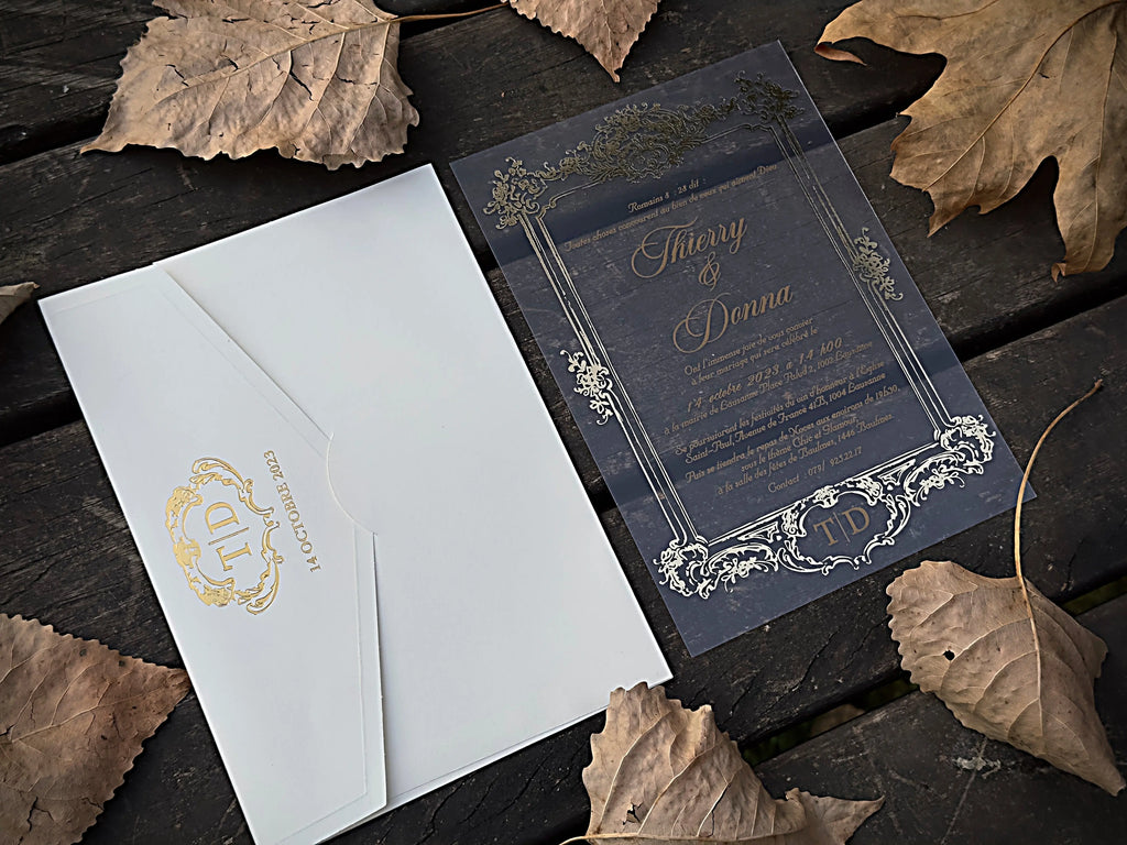 Frosted Acrylic Wedding Invitation with Gold Baroque Design & White Envelope LunaInvites