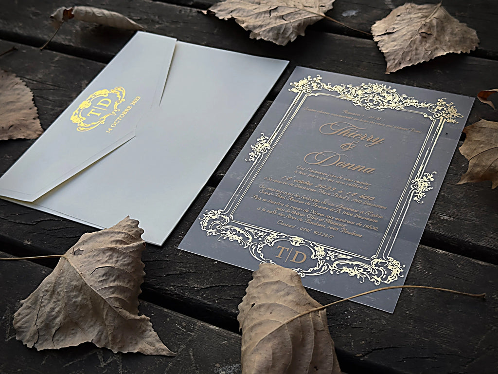 Frosted Acrylic Wedding Invitation with Gold Baroque Design & White Envelope LunaInvites