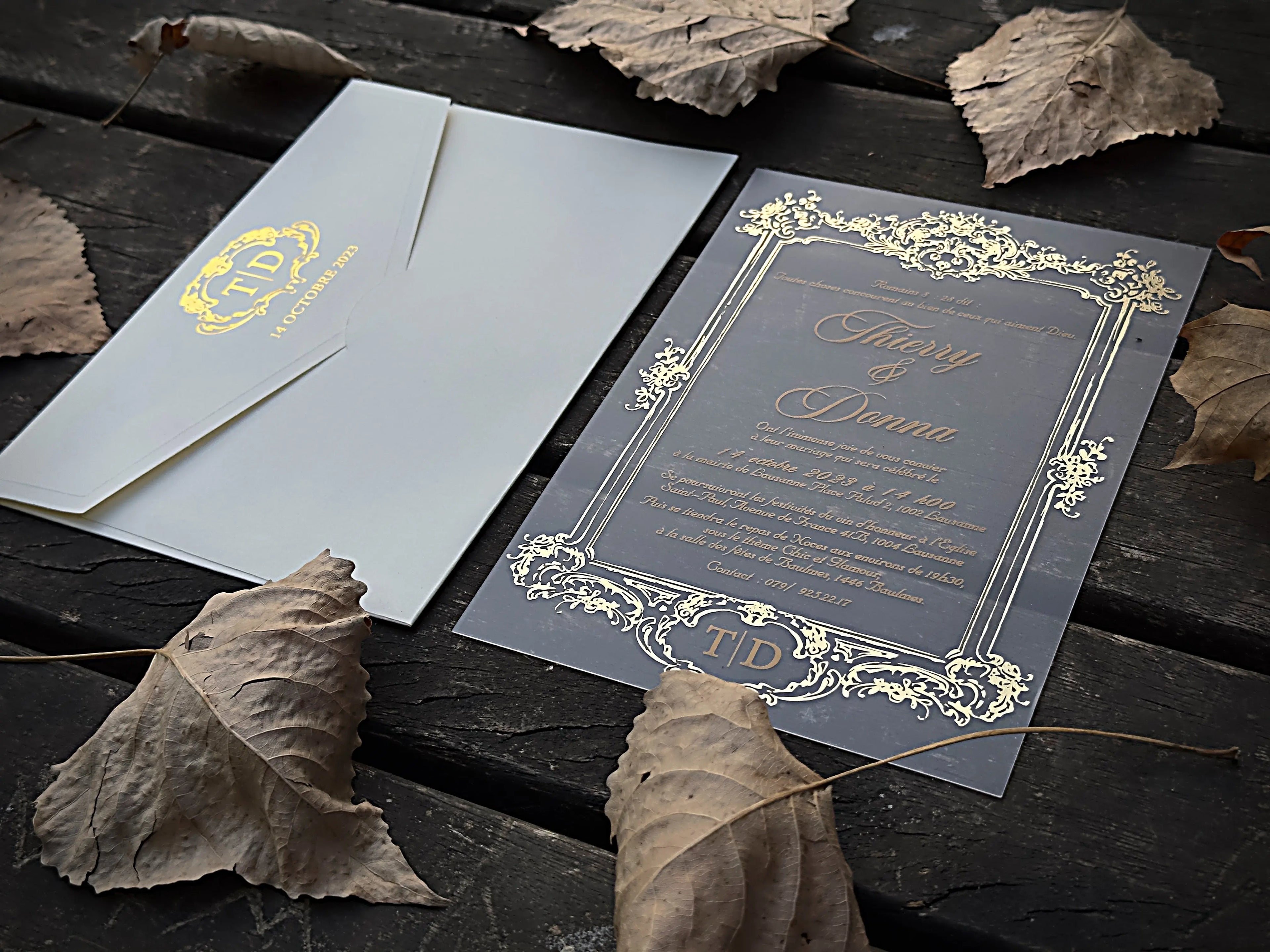 Frosted Acrylic Wedding Invitation with Gold Baroque Design & White Envelope LunaInvites