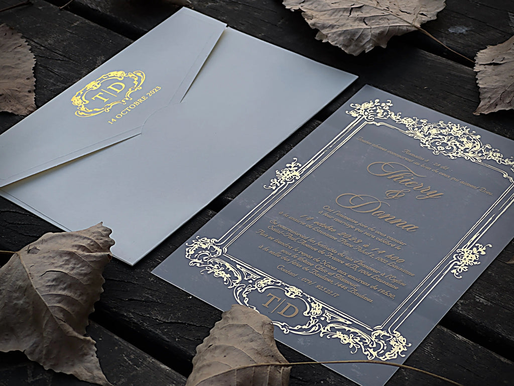 Frosted Acrylic Wedding Invitation with Gold Baroque Design & White Envelope LunaInvites