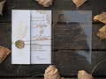 Clear Acrylic Wedding Invitation with Gold Floral Envelope & Wax Seal LunaInvites