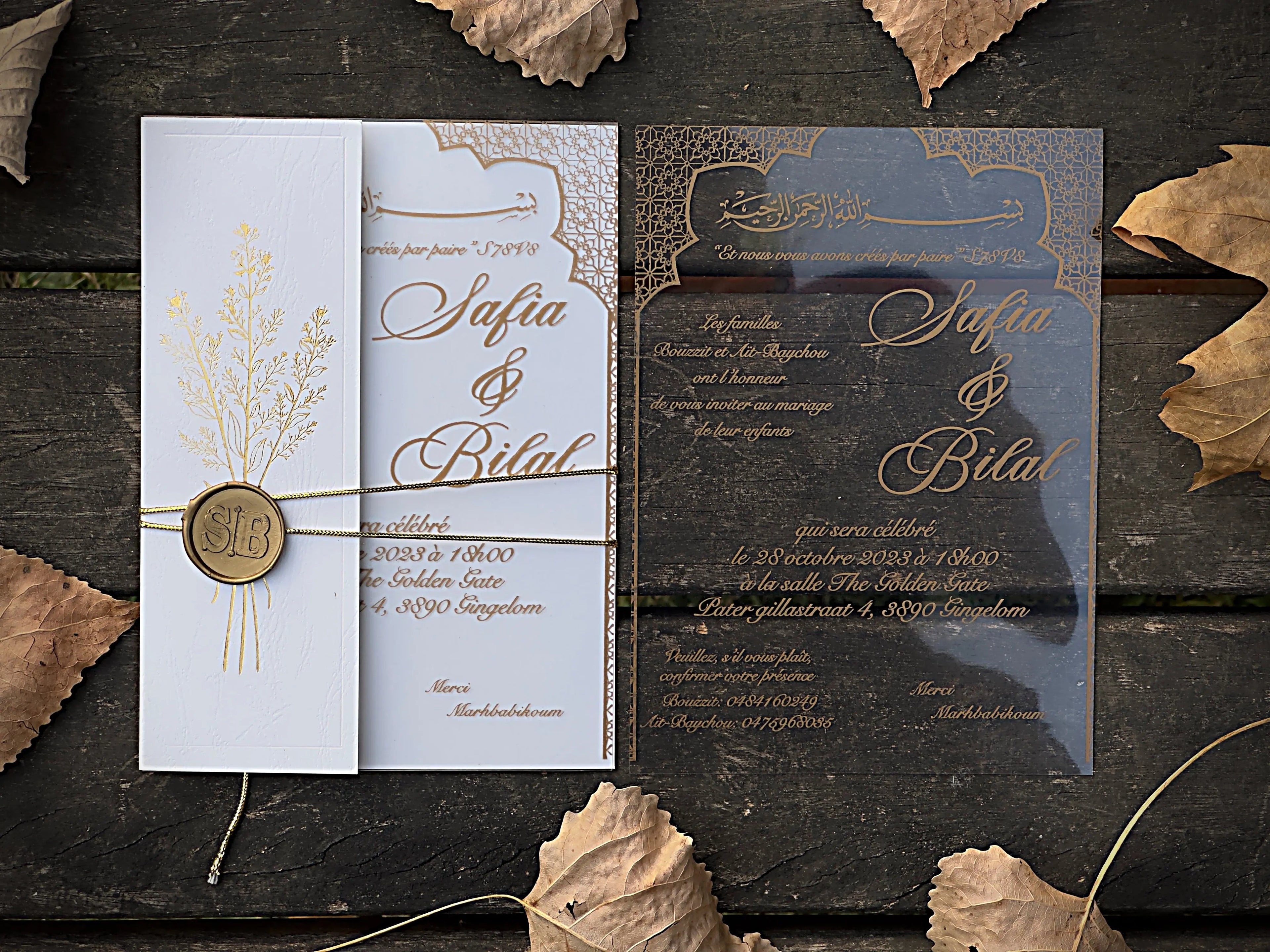 Clear Acrylic Wedding Invitation with Gold Floral Envelope & Wax Seal LunaInvites