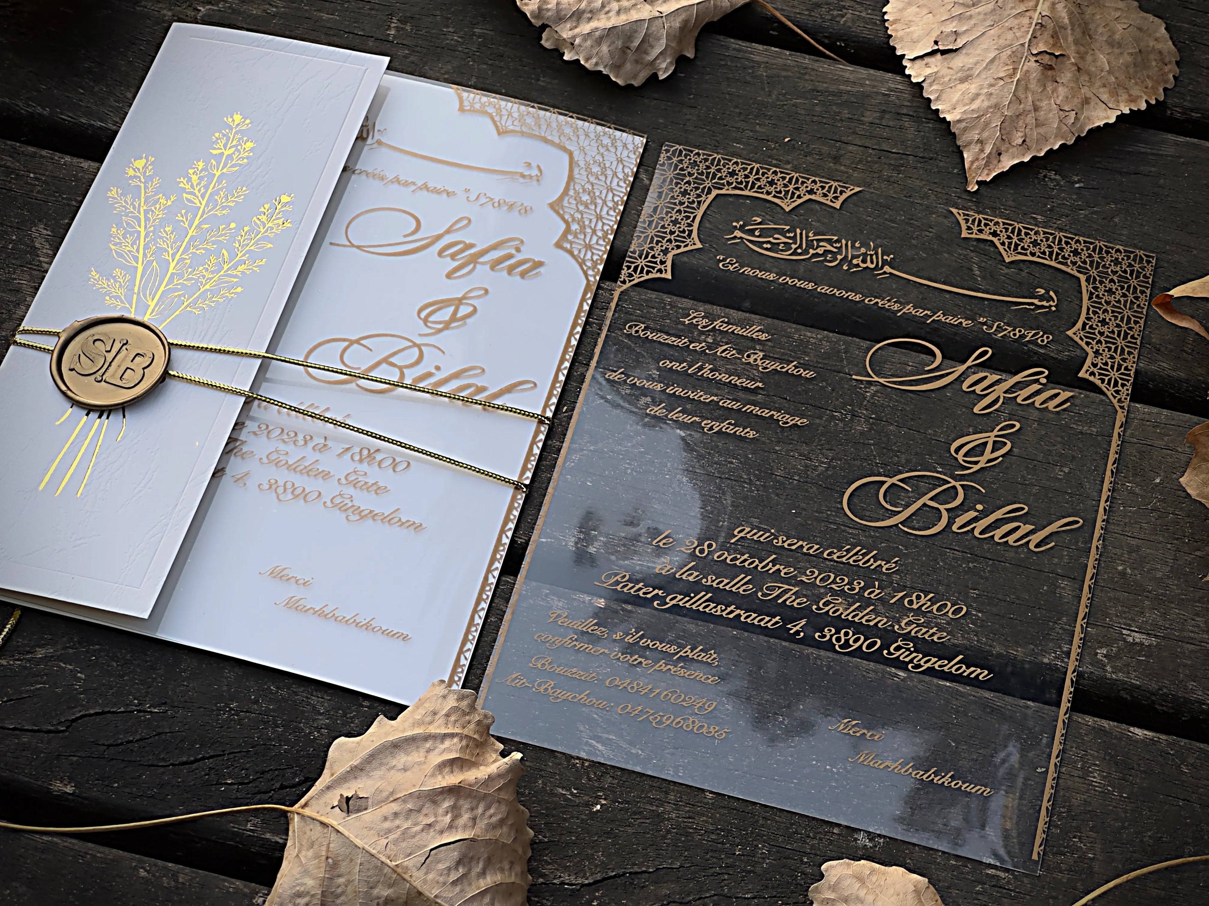 Clear Acrylic Wedding Invitation with Gold Floral Envelope & Wax Seal LunaInvites