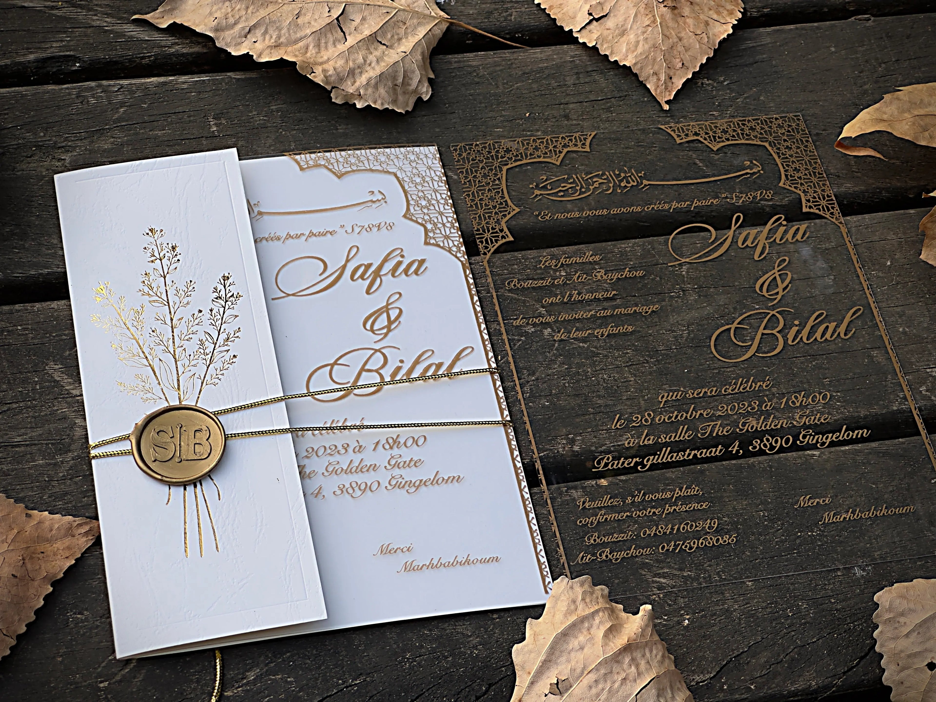 Clear Acrylic Wedding Invitation with Gold Floral Envelope & Wax Seal LunaInvites