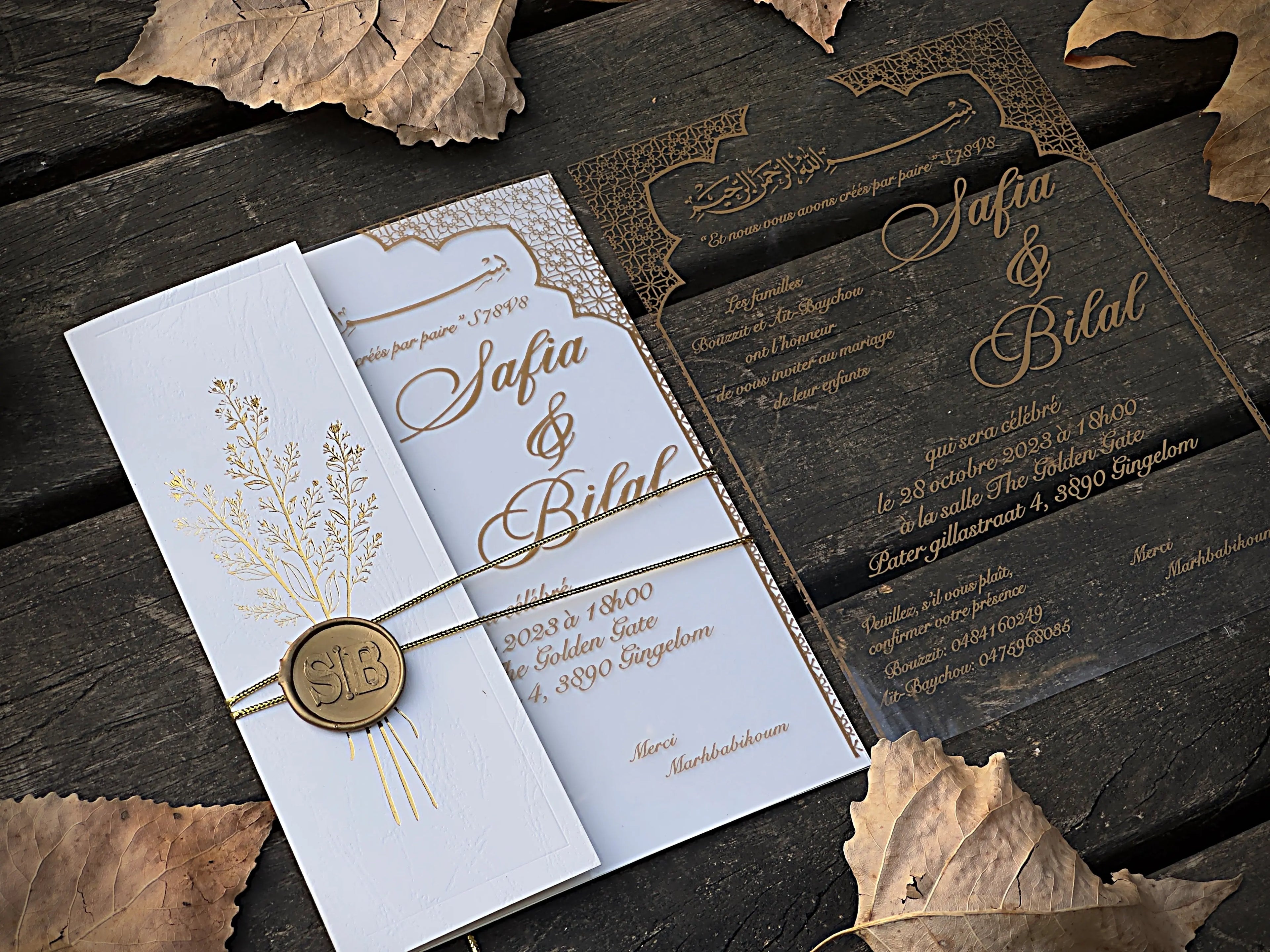 Clear Acrylic Wedding Invitation with Gold Floral Envelope & Wax Seal LunaInvites