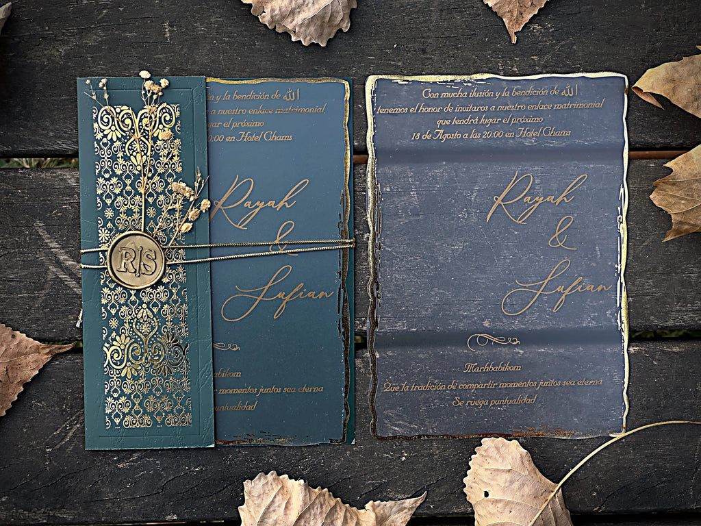 Frosted Acrylic Wedding Invitation with Gold Baroque Pocket & Wax Seal - LunaInvites