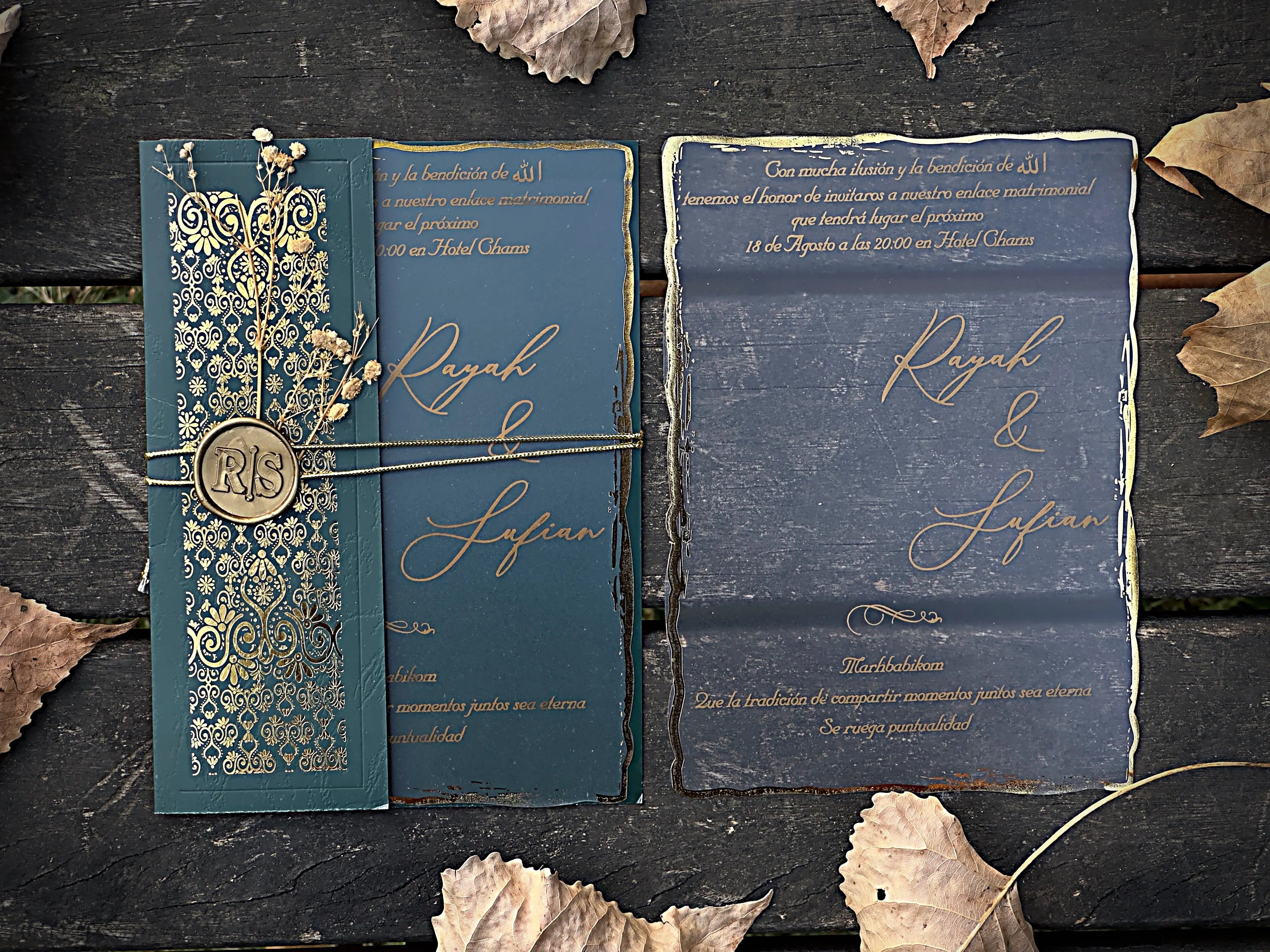 Frosted Acrylic Wedding Invitation with Gold Baroque Pocket & Wax Seal - LunaInvites