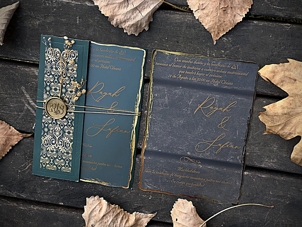 Frosted Acrylic Wedding Invitation with Gold Baroque Pocket & Wax Seal LunaInvites