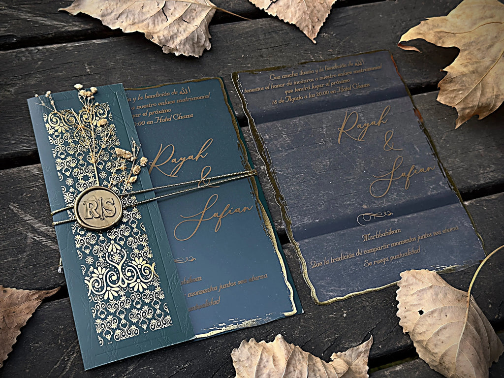 Frosted Acrylic Wedding Invitation with Gold Baroque Pocket & Wax Seal - LunaInvites