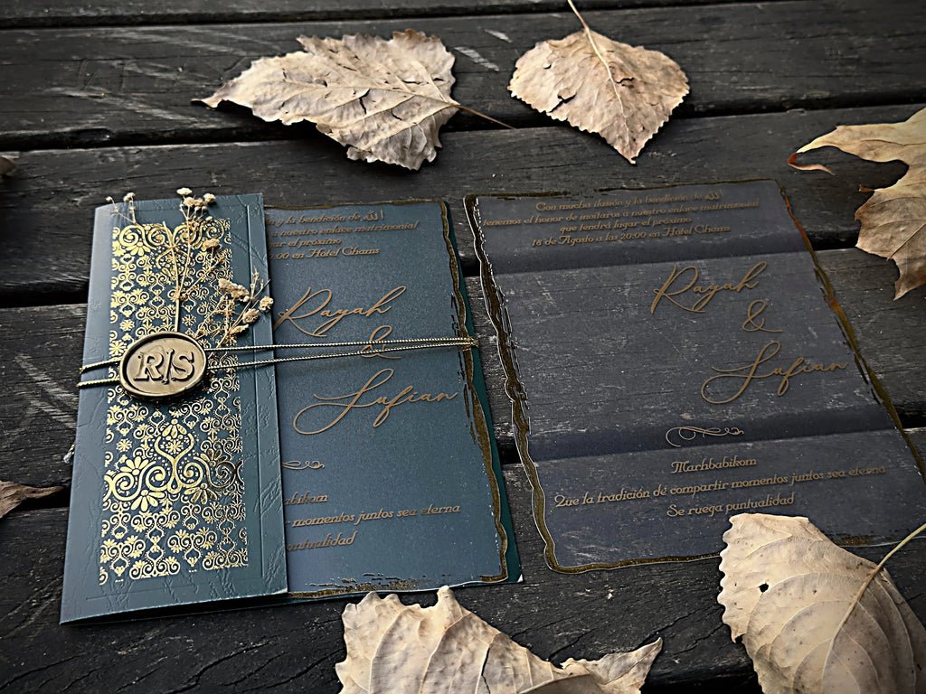 Frosted Acrylic Wedding Invitation with Gold Baroque Pocket & Wax Seal - LunaInvites