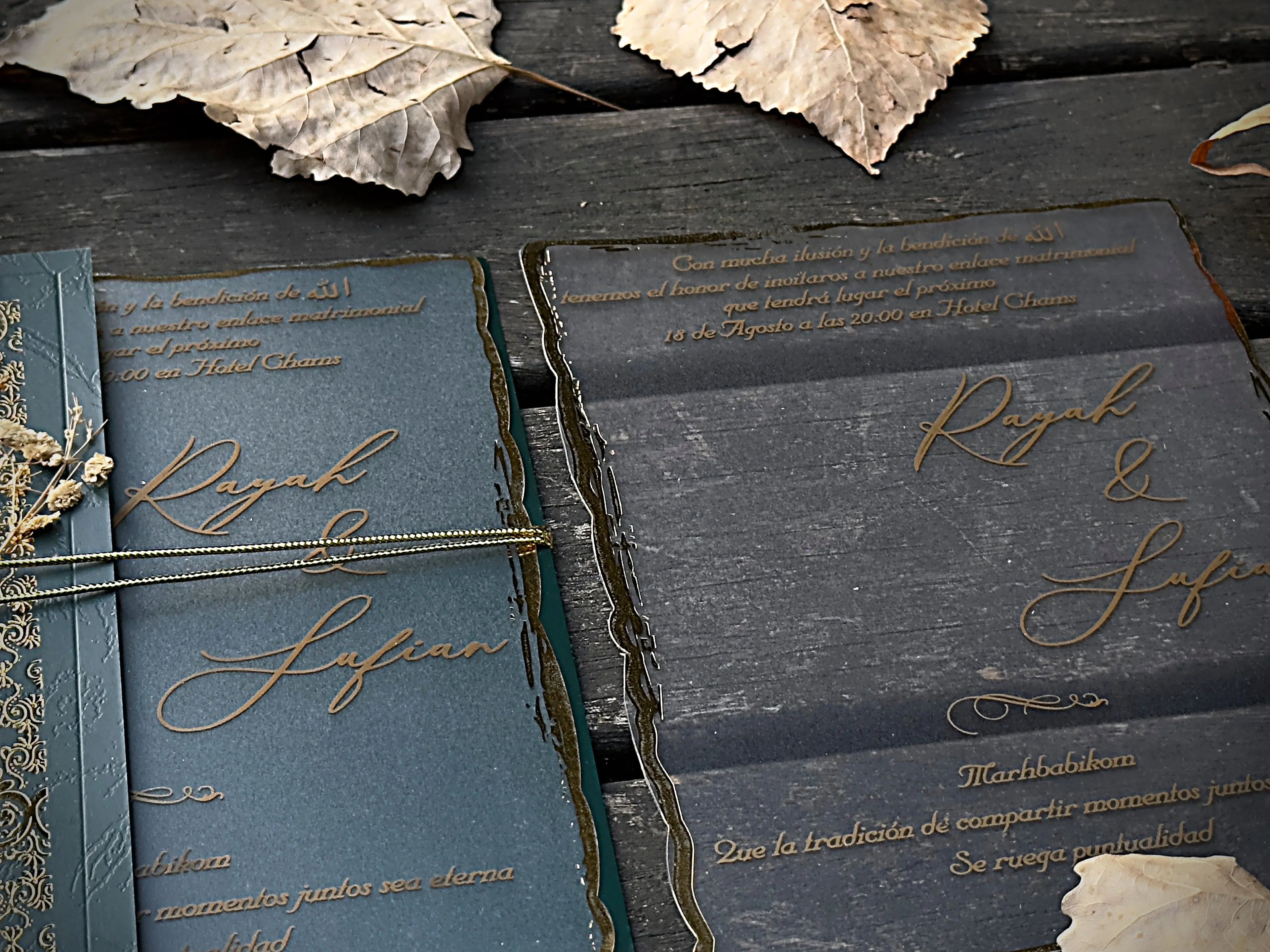 Frosted Acrylic Wedding Invitation with Gold Baroque Pocket & Wax Seal - LunaInvites