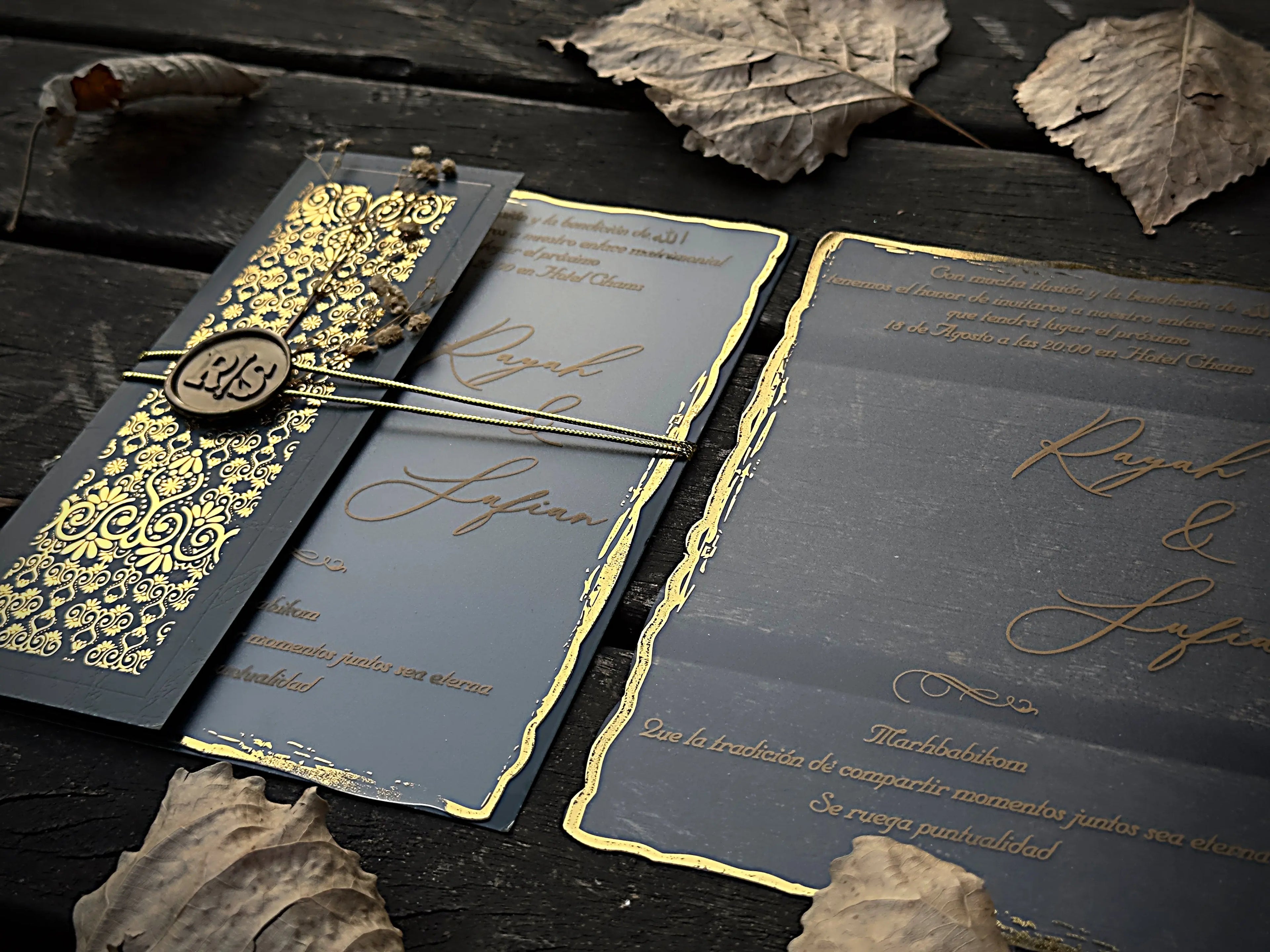 Frosted Acrylic Wedding Invitation with Gold Baroque Pocket & Wax Seal - LunaInvites