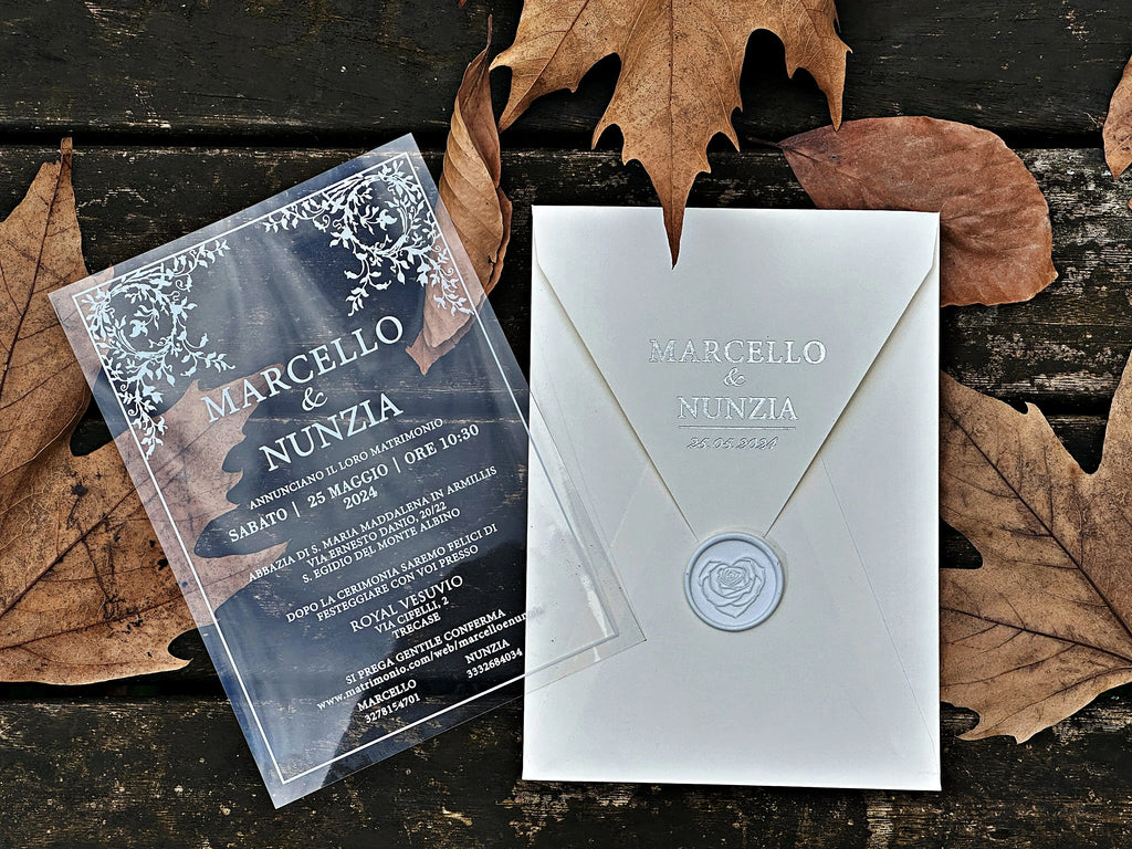 Clear Acrylic Wedding Invitation with White Print, White Envelope & White Wax Seal - LunaInvites