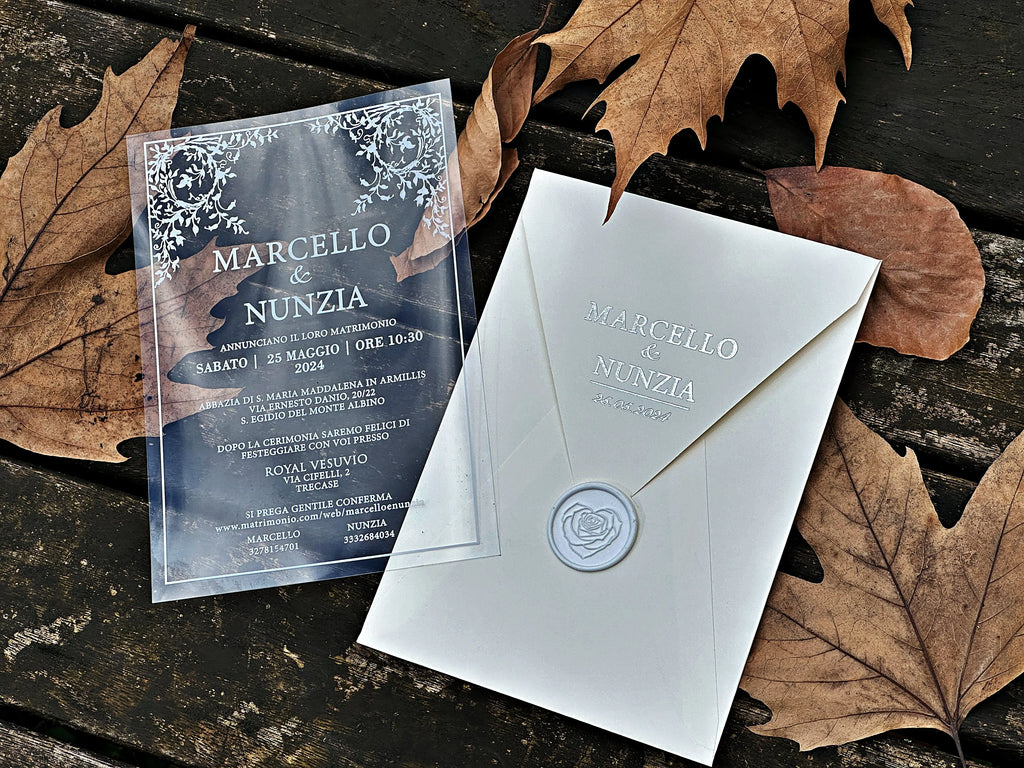 Clear Acrylic Wedding Invitation with White Print, White Envelope & White Wax Seal - LunaInvites
