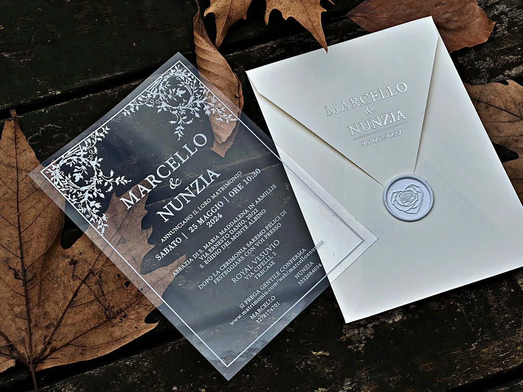 Clear Acrylic Wedding Invitation with White Print, White Envelope & White Wax Seal - LunaInvites