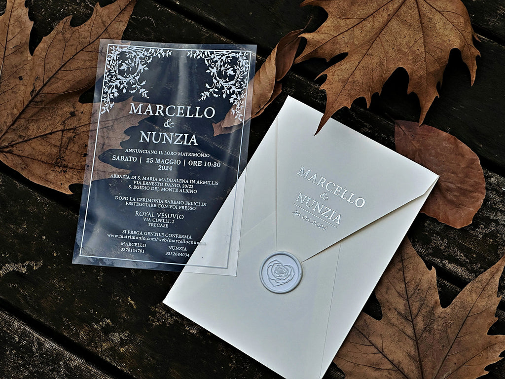 Clear Acrylic Wedding Invitation with White Print, White Envelope & White Wax Seal - LunaInvites