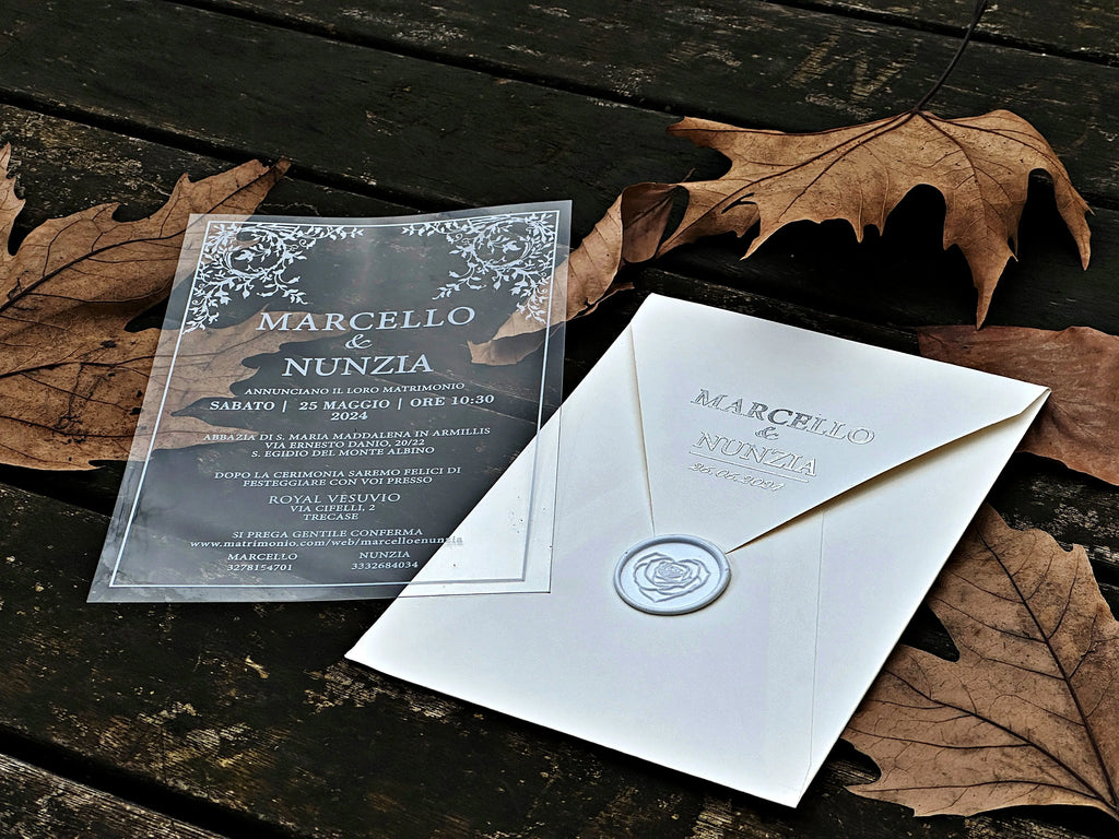 Clear Acrylic Wedding Invitation with White Print, White Envelope & White Wax Seal - LunaInvites