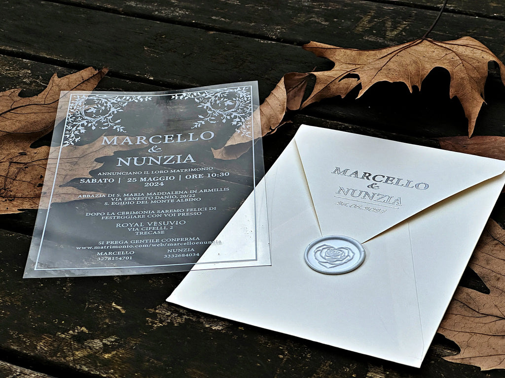 Clear Acrylic Wedding Invitation with White Print, White Envelope & White Wax Seal - LunaInvites