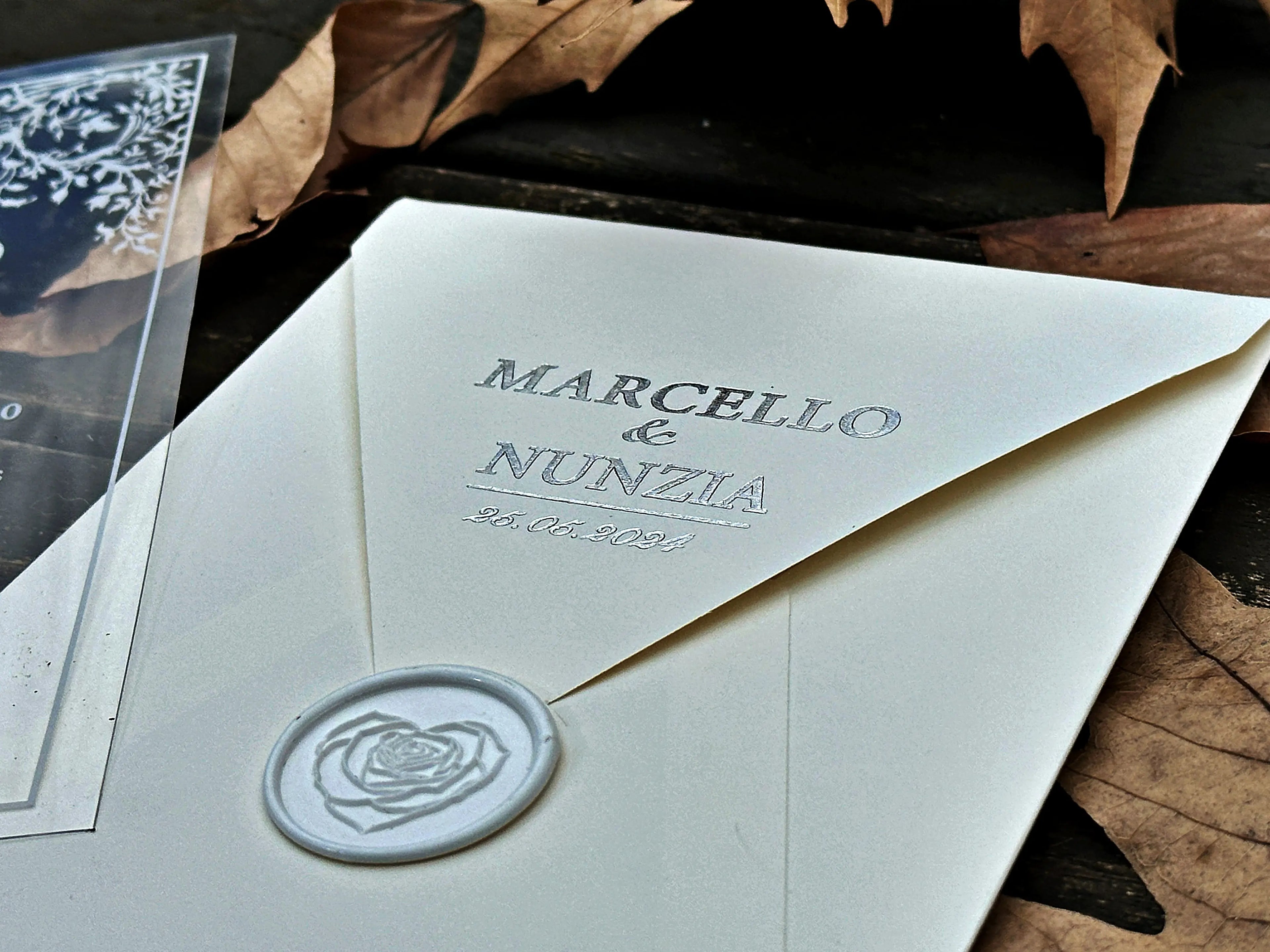 Clear Acrylic Wedding Invitation with White Print, White Envelope & White Wax Seal LunaInvites