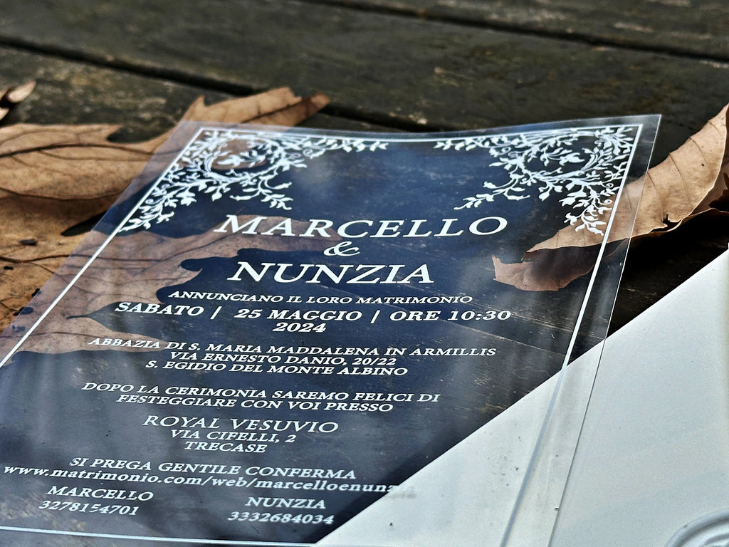 Clear Acrylic Wedding Invitation with White Print, White Envelope & White Wax Seal LunaInvites