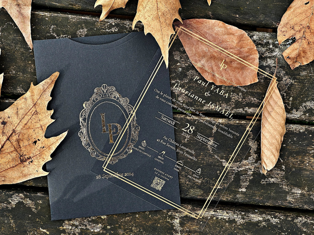 Clear Acrylic Wedding Invitation with Gold Foil & Black Envelope - LunaInvites