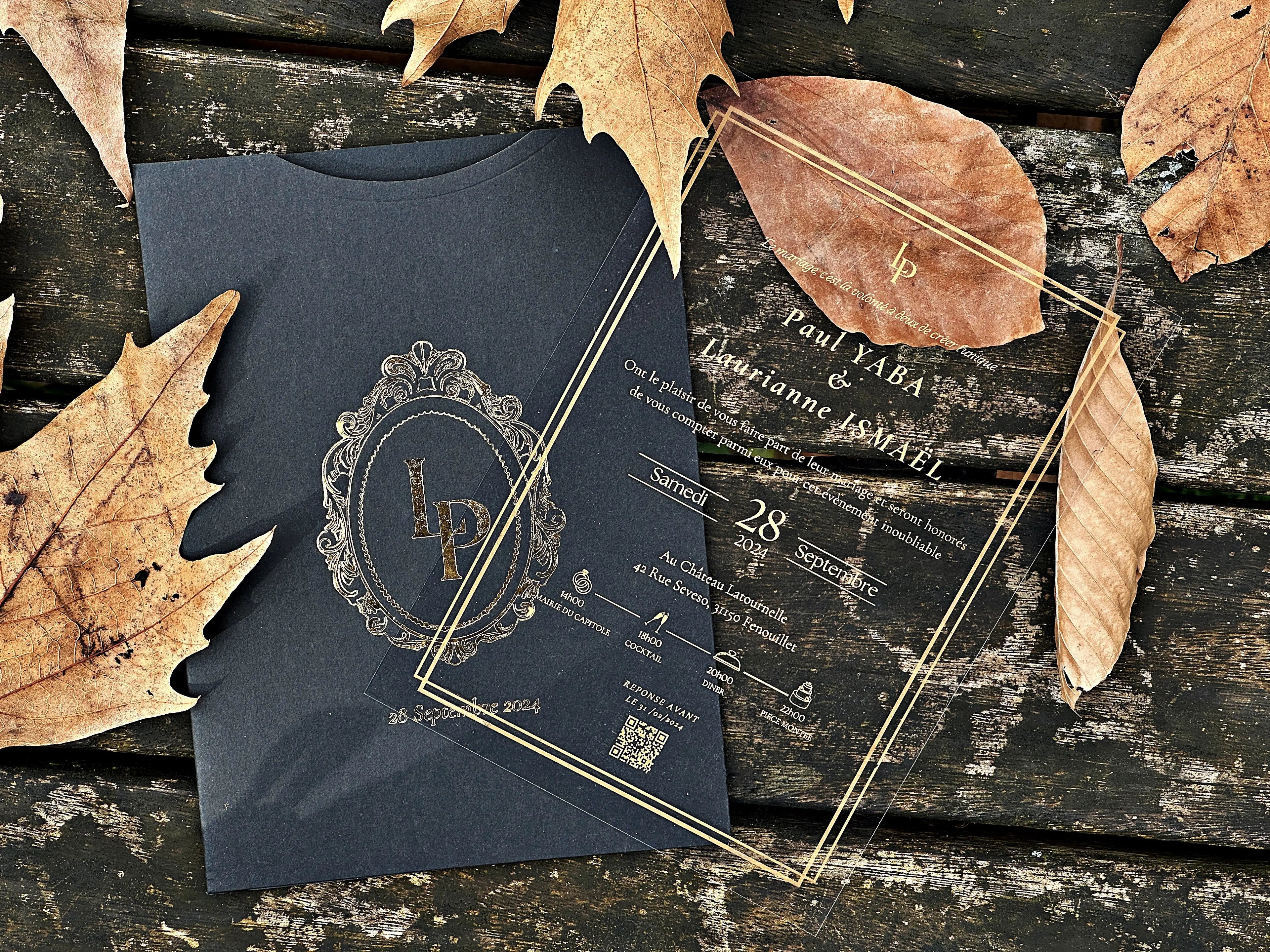 Clear Acrylic Wedding Invitation with Gold Foil & Black Envelope - LunaInvites