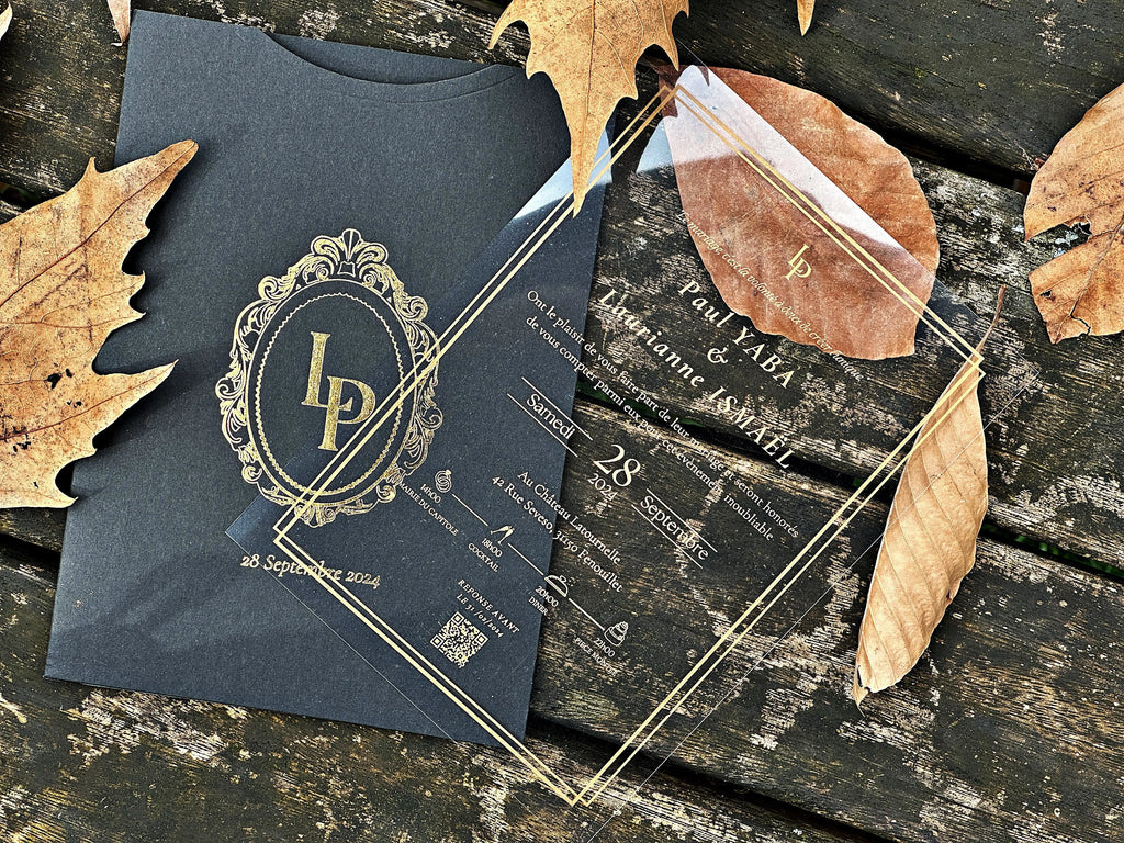 Clear Acrylic Wedding Invitation with Gold Foil & Black Envelope - LunaInvites