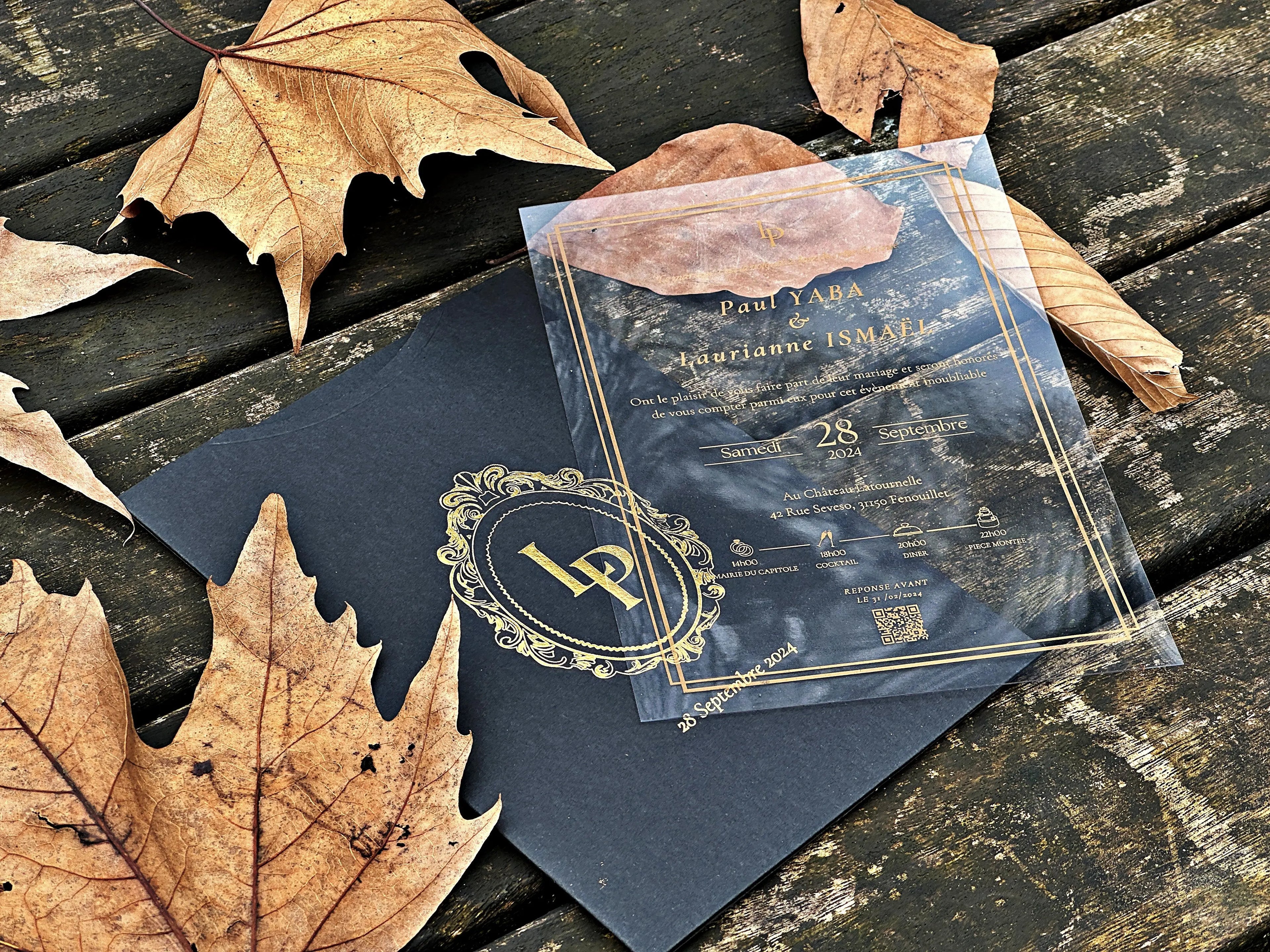 Clear Acrylic Wedding Invitation with Gold Foil & Black Envelope - LunaInvites