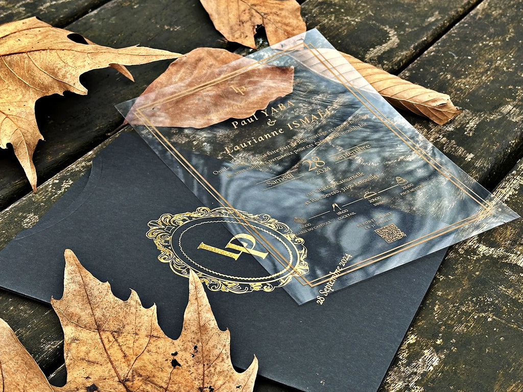 Clear Acrylic Wedding Invitation with Gold Foil & Black Envelope - LunaInvites