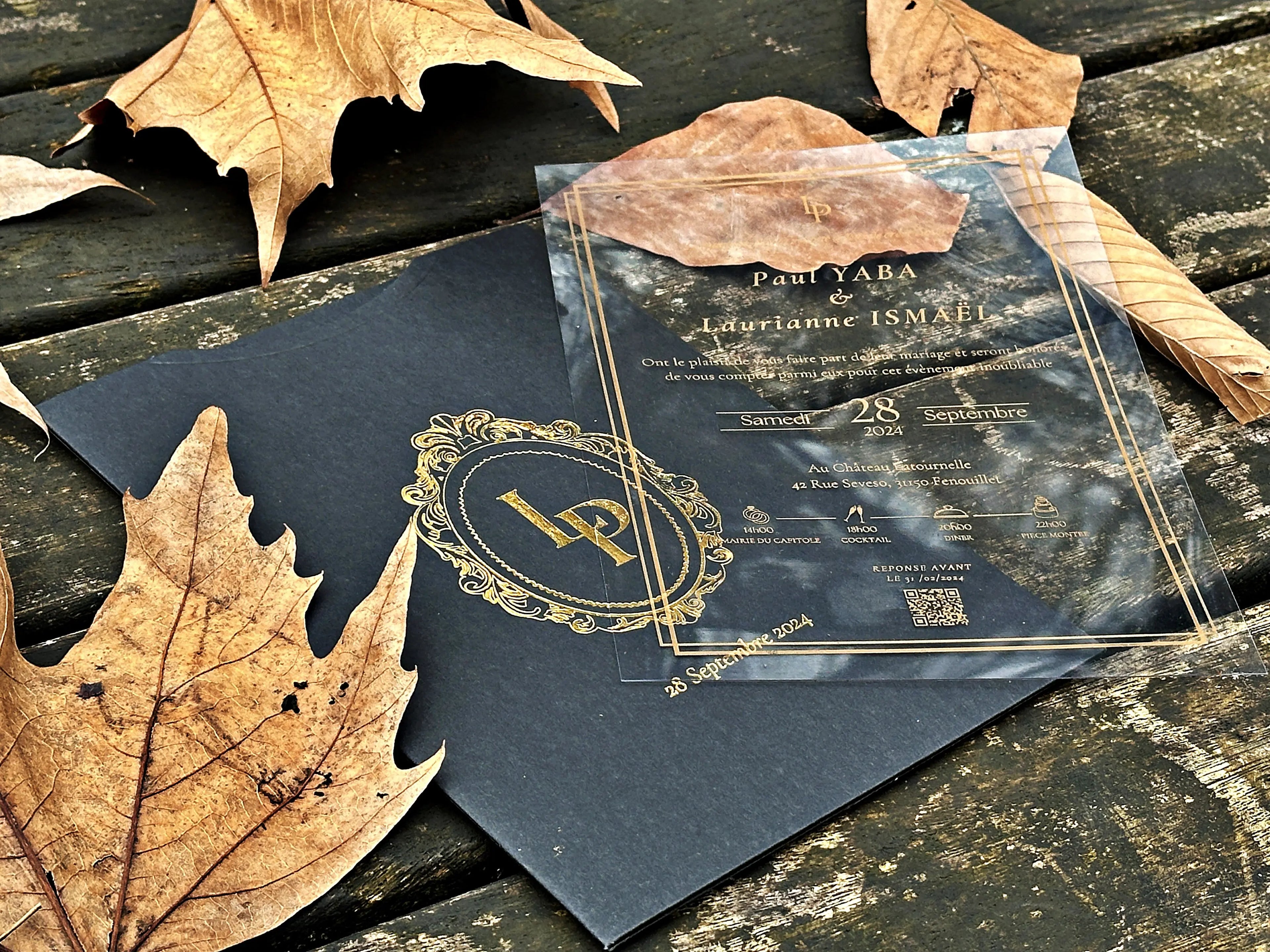 Clear Acrylic Wedding Invitation with Gold Foil & Black Envelope - LunaInvites