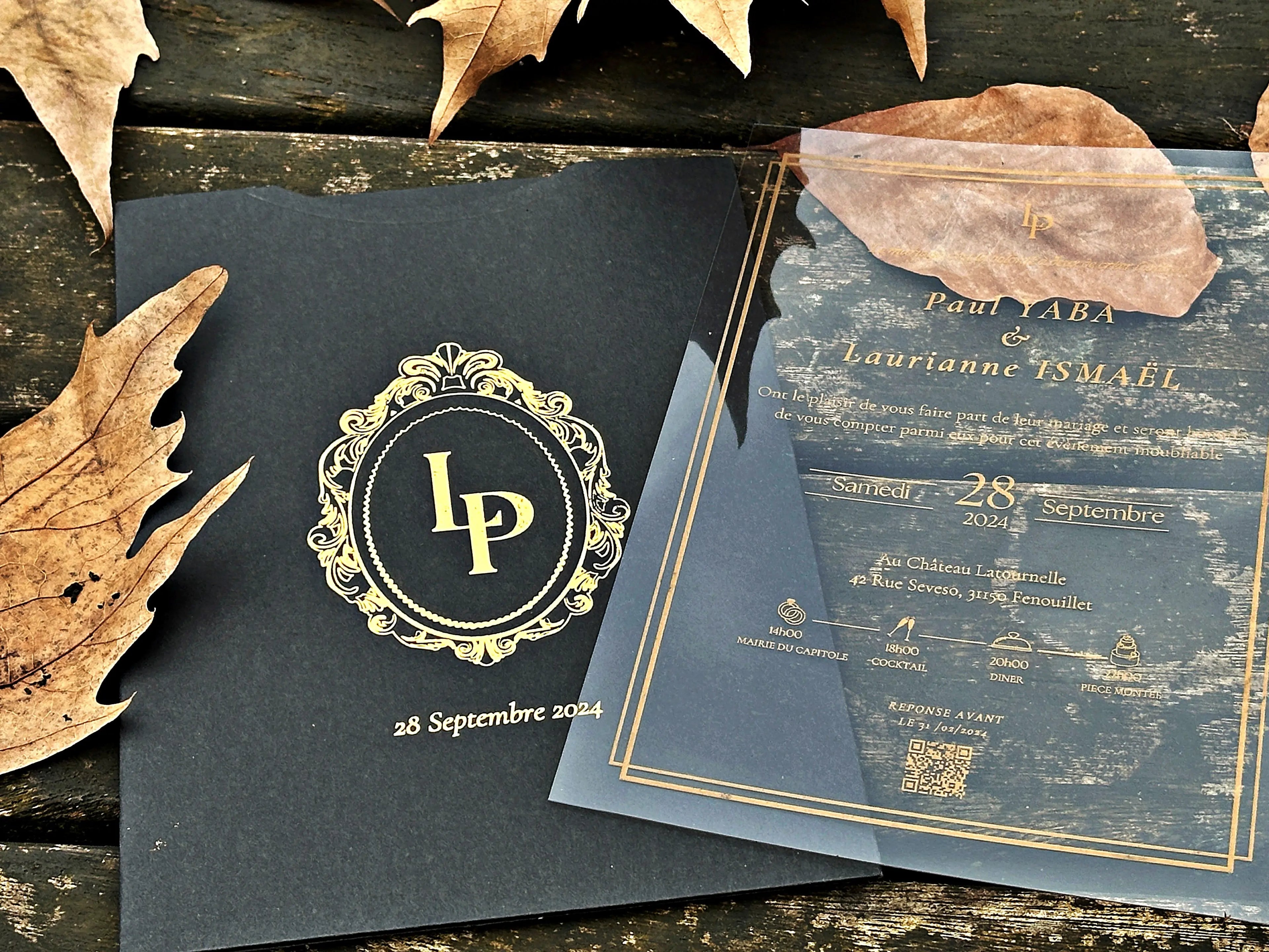 Clear Acrylic Wedding Invitation with Gold Foil & Black Envelope - LunaInvites