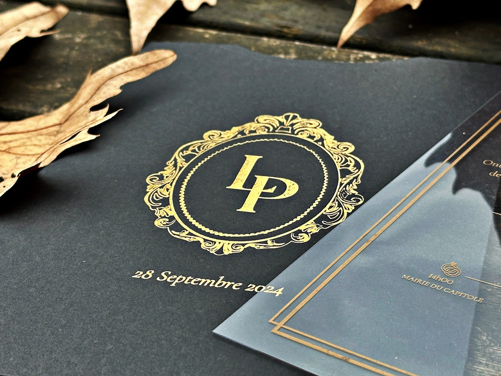 Clear Acrylic Wedding Invitation with Gold Foil & Black Envelope - LunaInvites