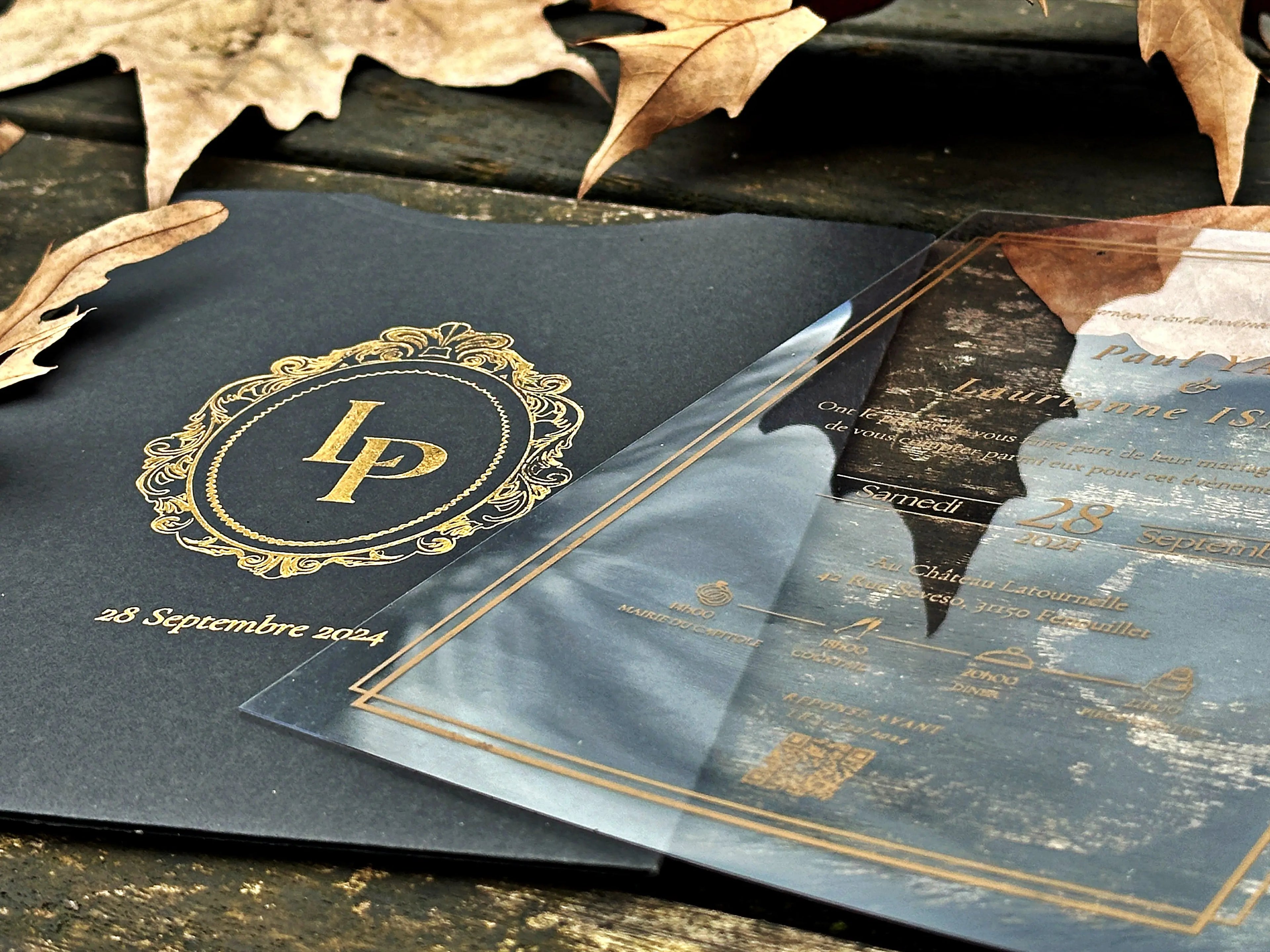Clear Acrylic Wedding Invitation with Gold Foil & Black Envelope - LunaInvites