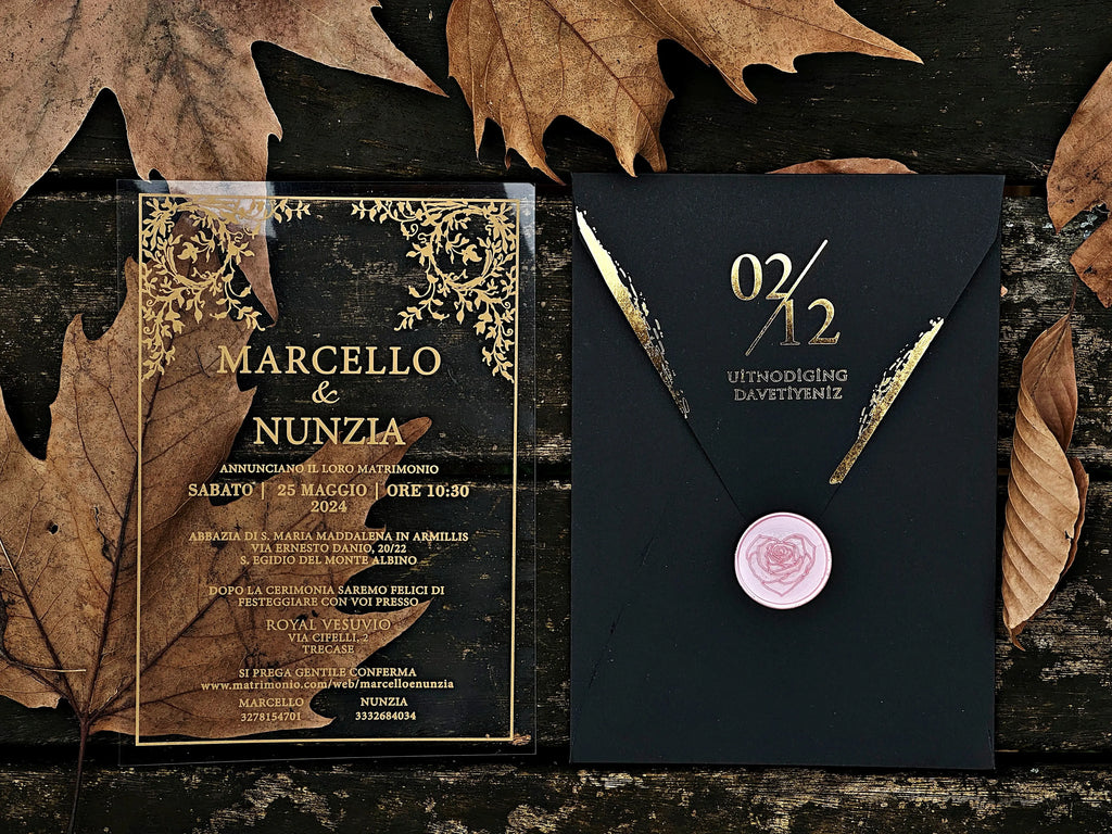 Clear Acrylic Wedding Invitation with Black Envelope, Gold Foil & Pink Wax Seal - LunaInvites