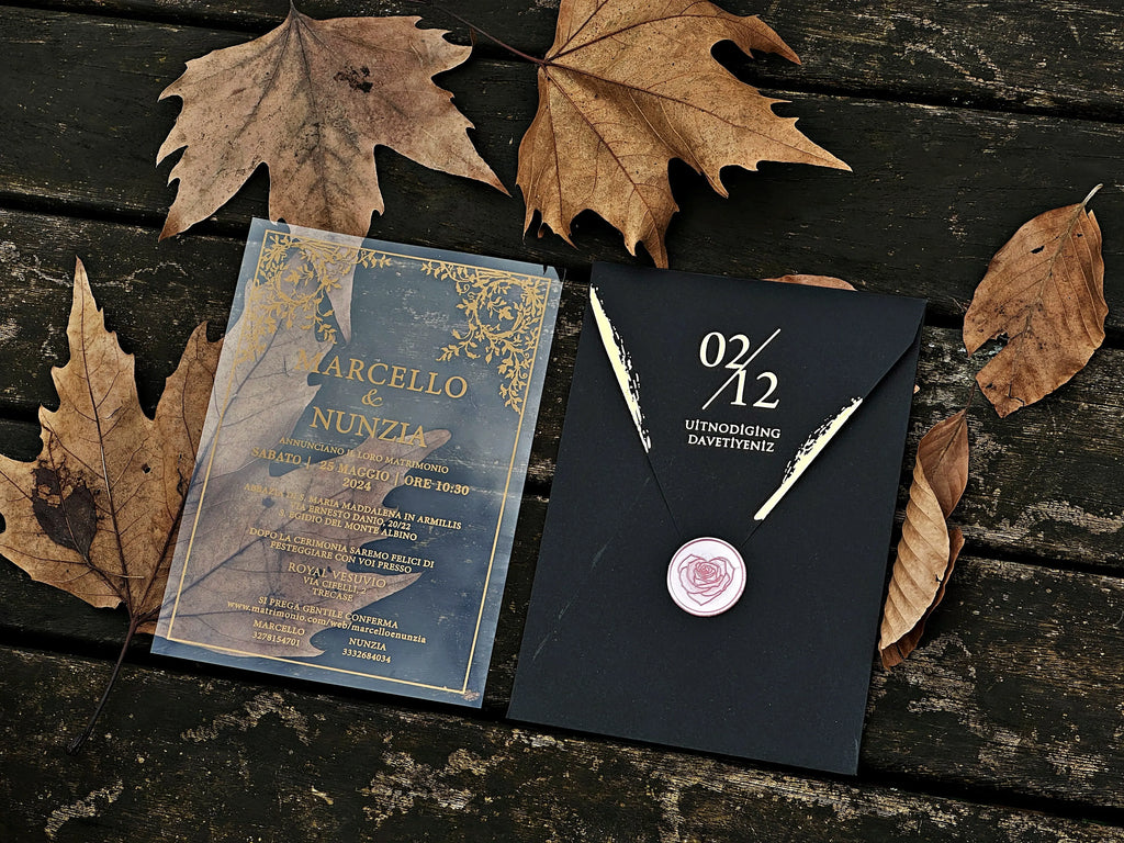 Clear Acrylic Wedding Invitation with Black Envelope, Gold Foil & Pink Wax Seal - LunaInvites