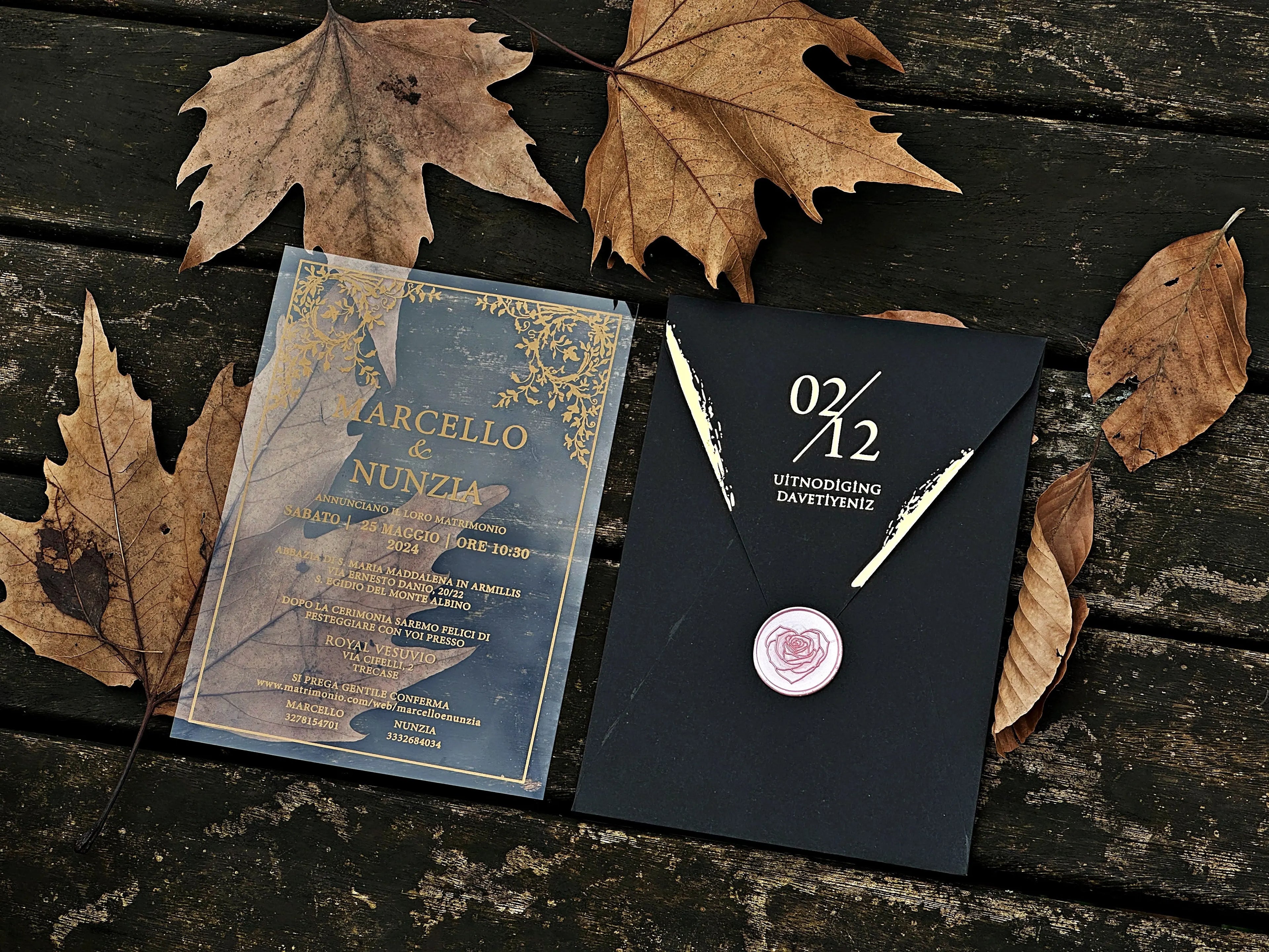 Clear Acrylic Wedding Invitation with Black Envelope, Gold Foil & Pink Wax Seal - LunaInvites