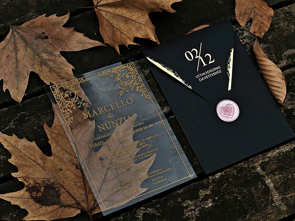 Clear Acrylic Wedding Invitation with Black Envelope, Gold Foil & Pink Wax Seal - LunaInvites