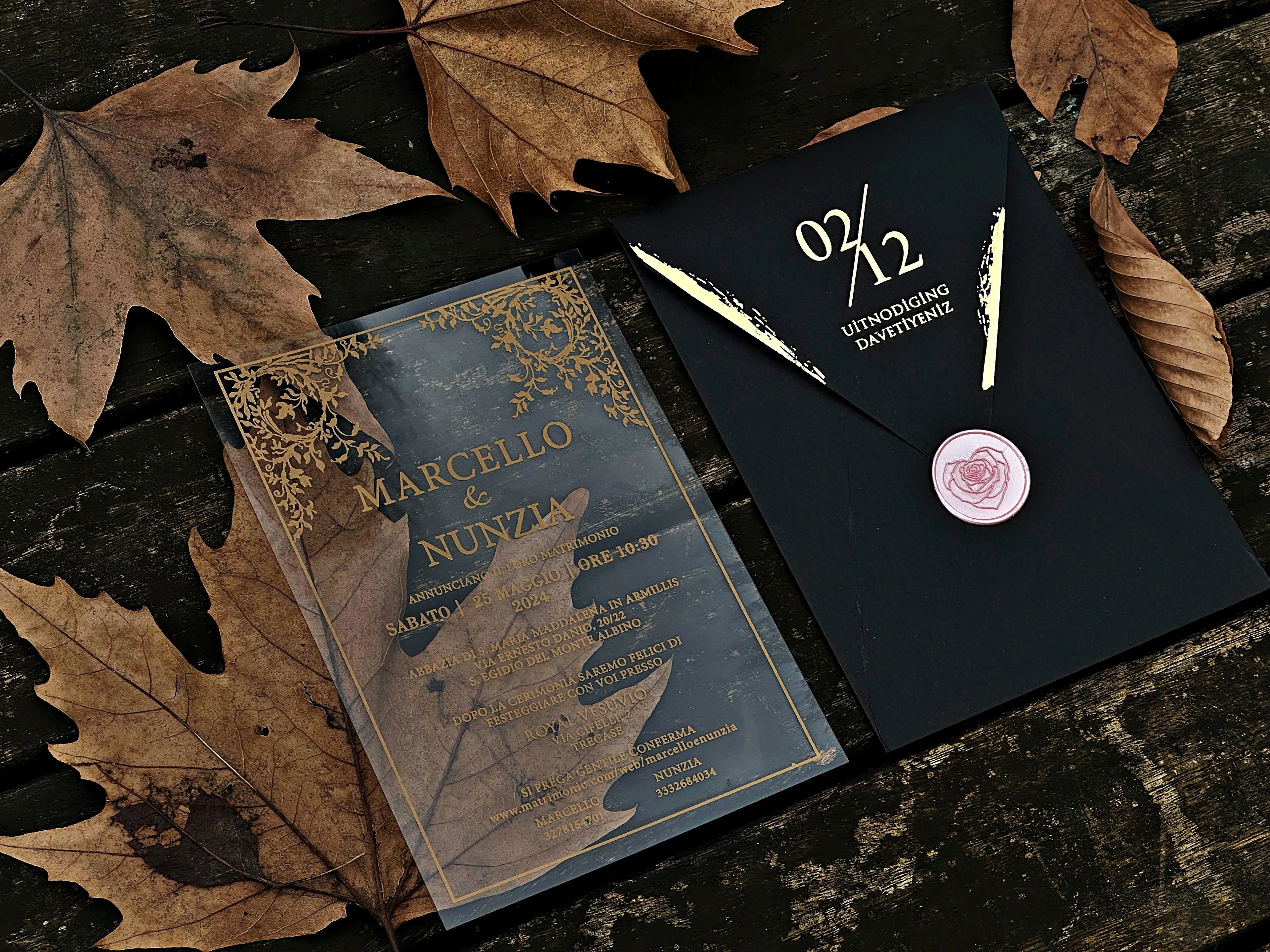 Clear Acrylic Wedding Invitation with Black Envelope, Gold Foil & Pink Wax Seal - LunaInvites