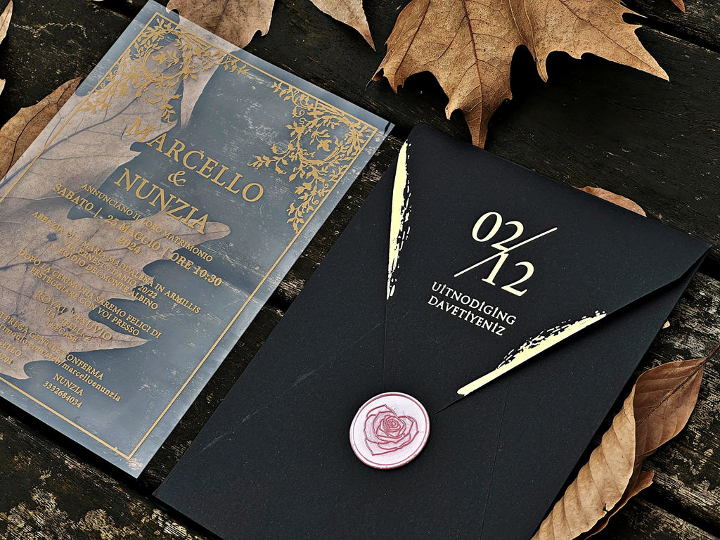 Clear Acrylic Wedding Invitation with Black Envelope, Gold Foil & Pink Wax Seal - LunaInvites