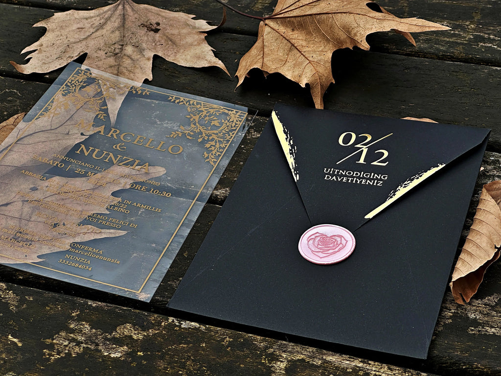 Clear Acrylic Wedding Invitation with Black Envelope, Gold Foil & Pink Wax Seal - LunaInvites