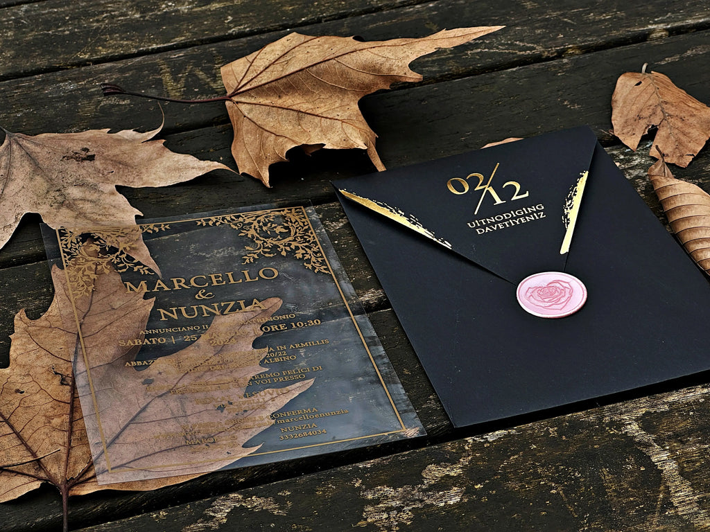 Clear Acrylic Wedding Invitation with Black Envelope, Gold Foil & Pink Wax Seal - LunaInvites