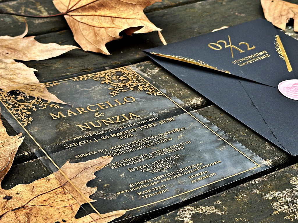Clear Acrylic Wedding Invitation with Black Envelope, Gold Foil & Pink Wax Seal - LunaInvites