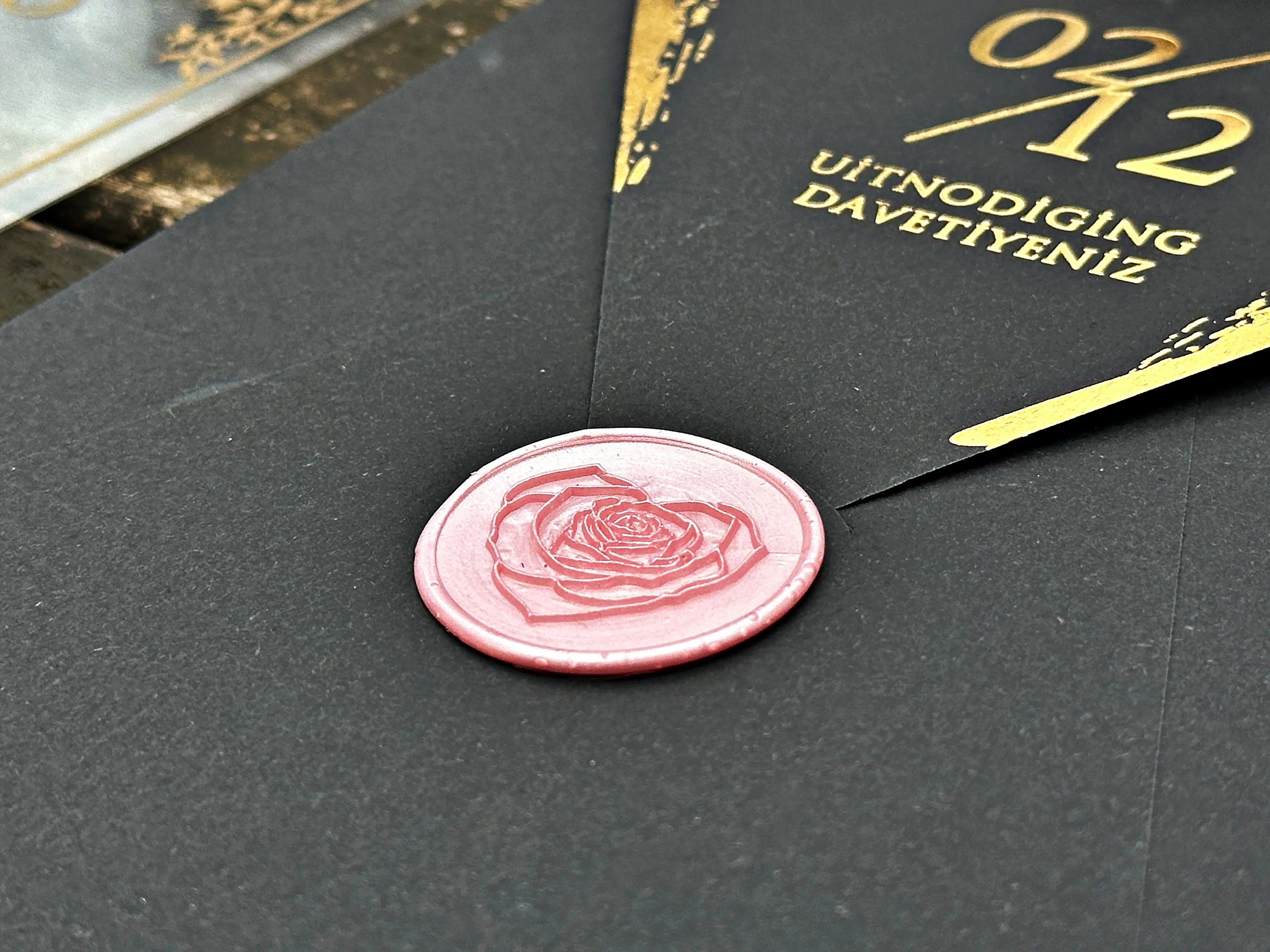 Clear Acrylic Wedding Invitation with Black Envelope, Gold Foil & Pink Wax Seal - LunaInvites