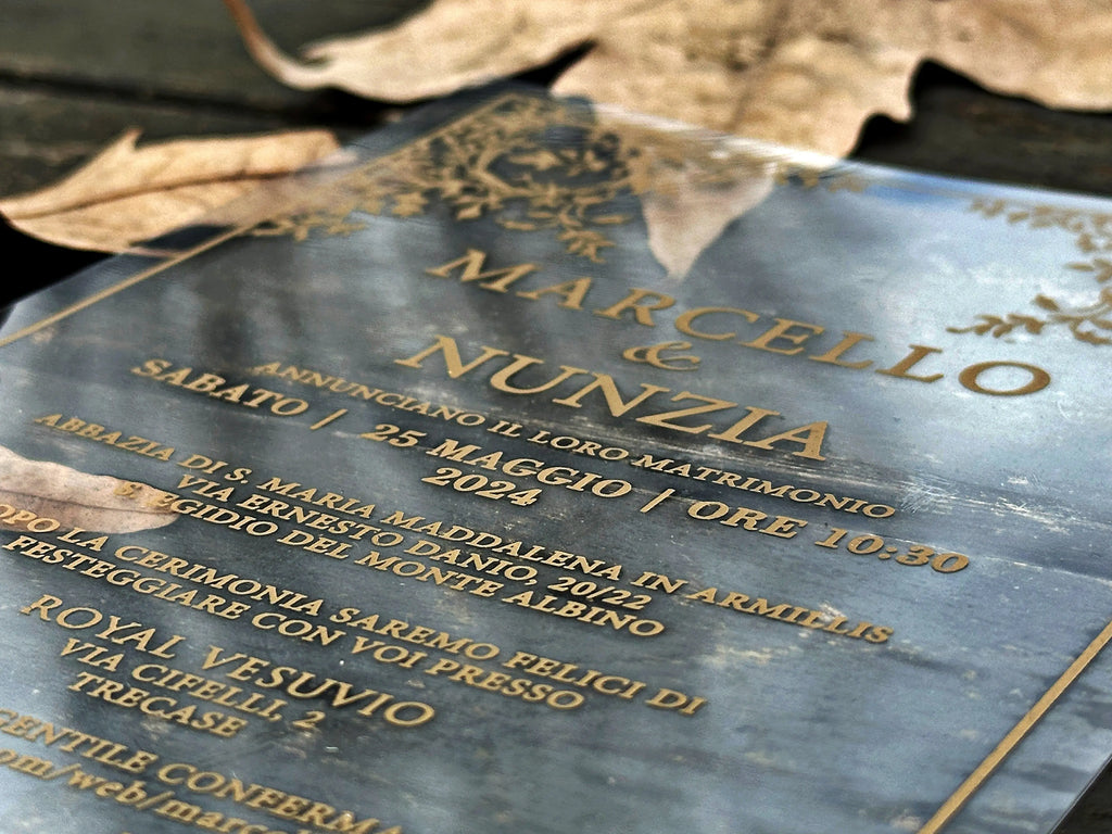 Clear Acrylic Wedding Invitation with Black Envelope, Gold Foil & Pink Wax Seal - LunaInvites