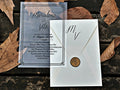Clear Acrylic Wedding Invitation with Black Print, White Envelope & Gold Wax Seal - LunaInvites